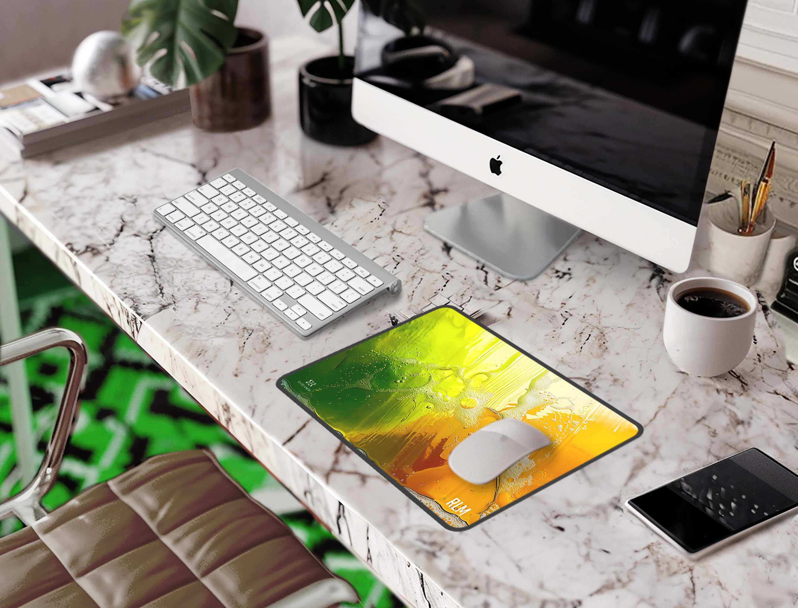 Translucent Summer Soap Desk Mat — Vibrant Green & Orange Mouse Pad