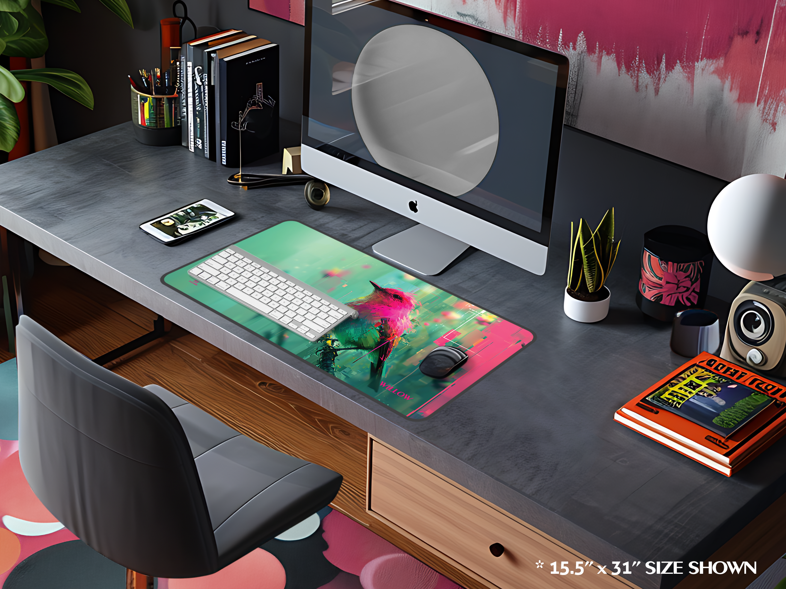 Vibrant Song Bird Desk Mat – Neon Pink & Teal Mouse Pad