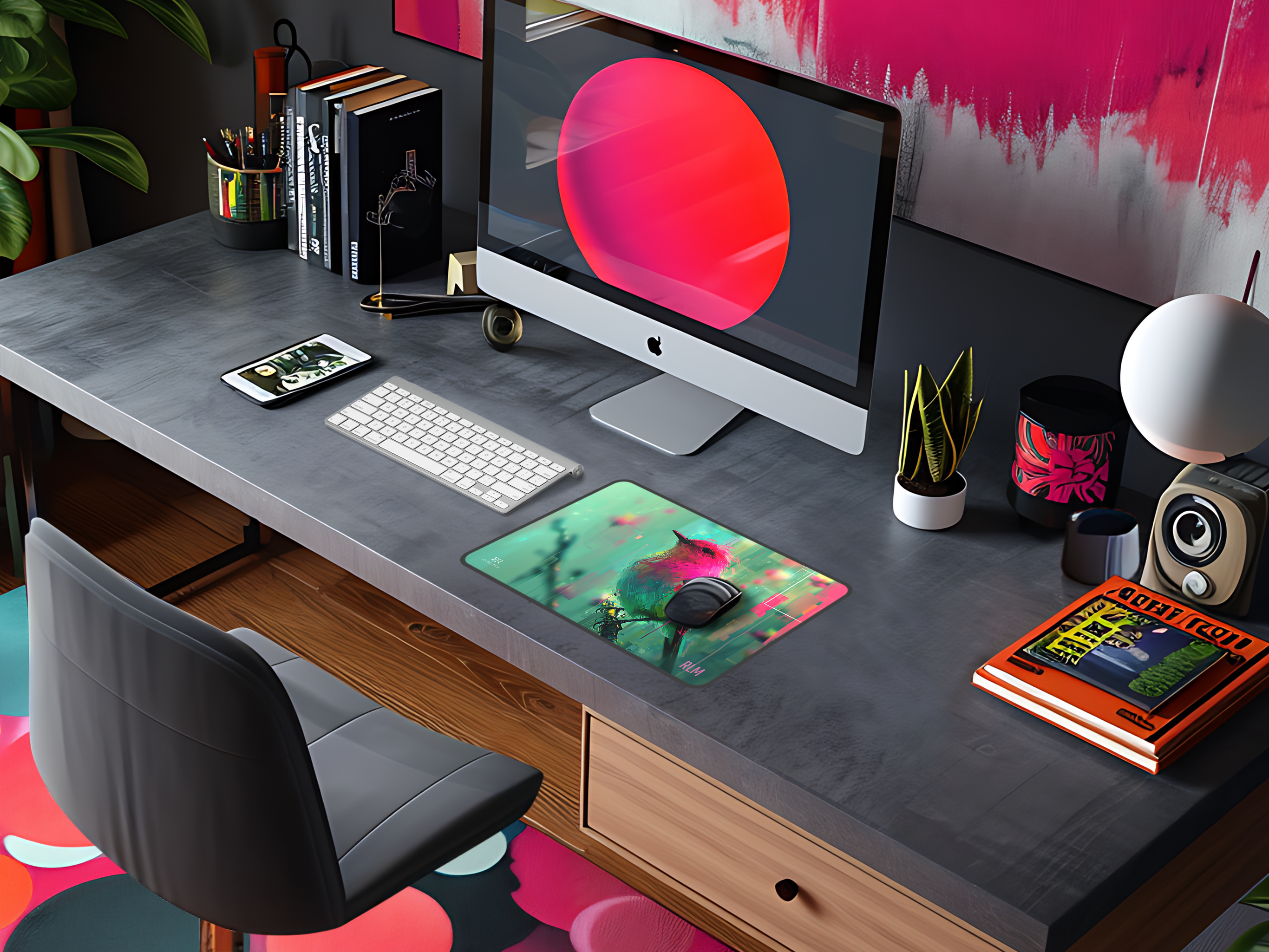 Vibrant Song Bird Desk Mat – Neon Pink & Teal Mouse Pad