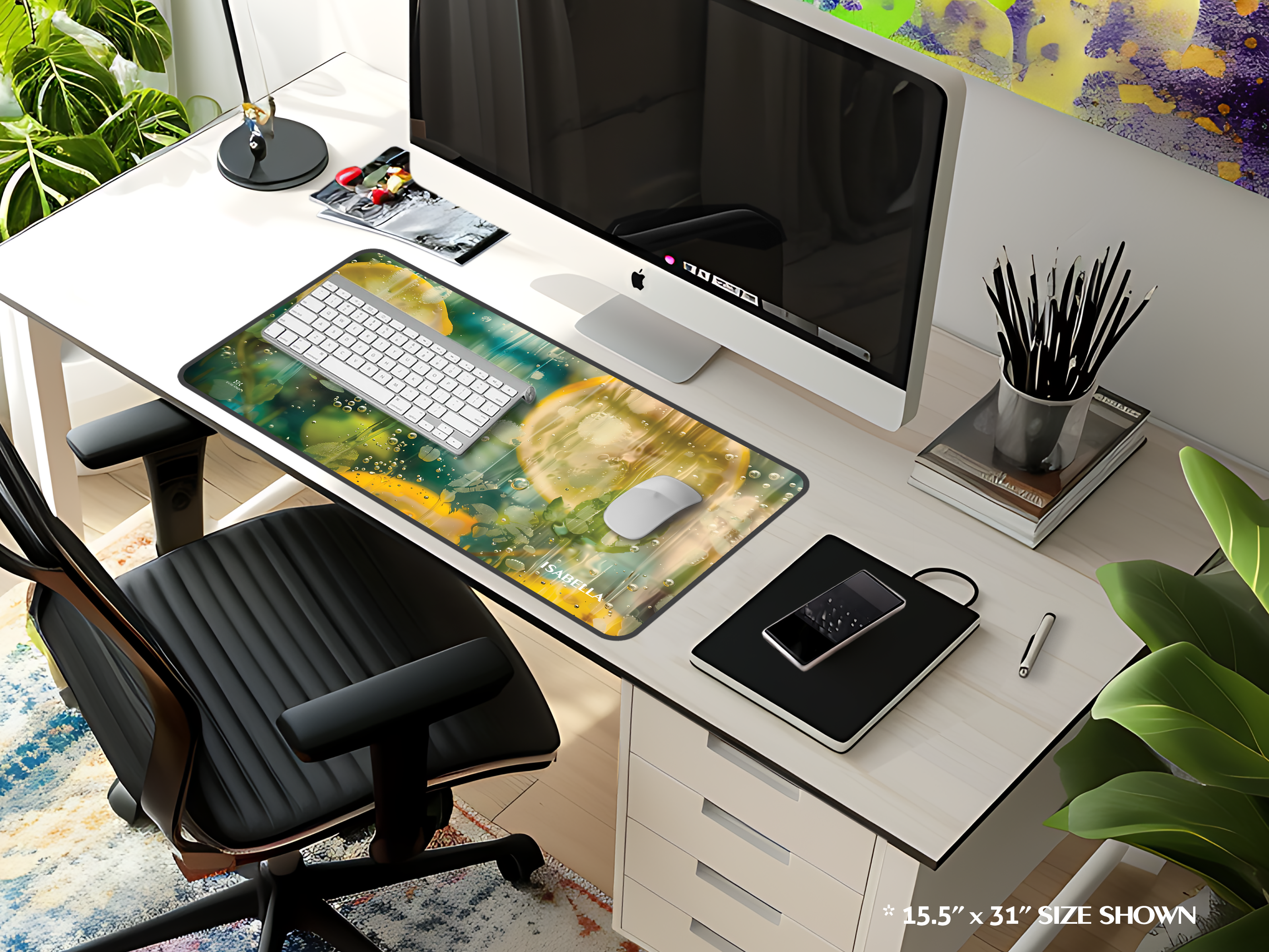 Citrus Bubbles Desk Mat — Vibrant Lemon & Water Droplet Mouse Pad