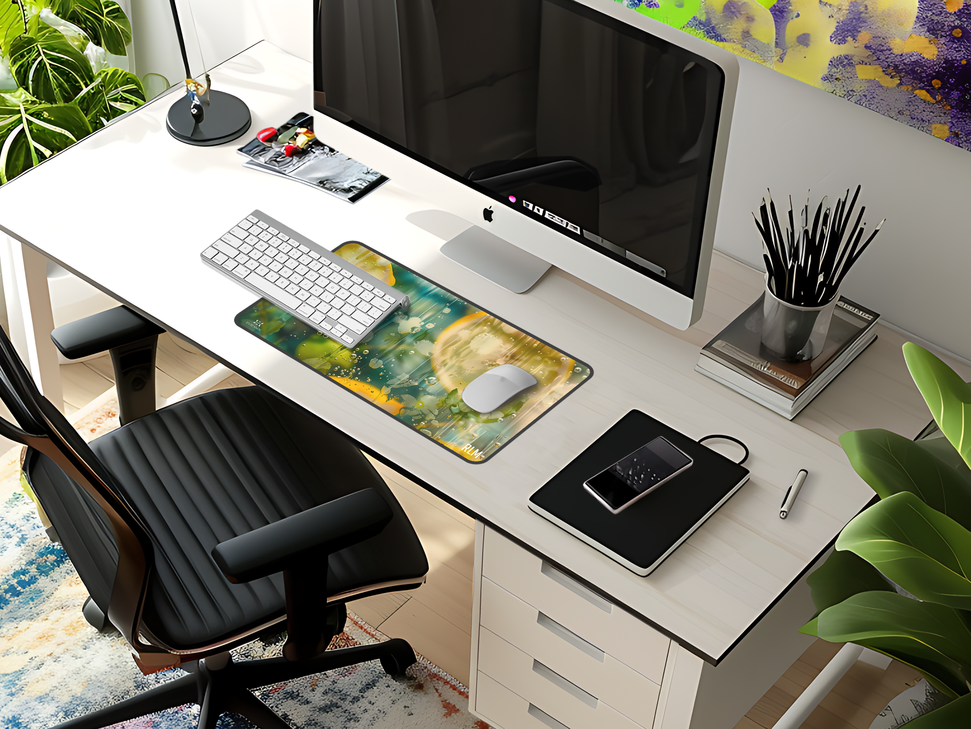 Citrus Bubbles Desk Mat — Vibrant Lemon & Water Droplet Mouse Pad