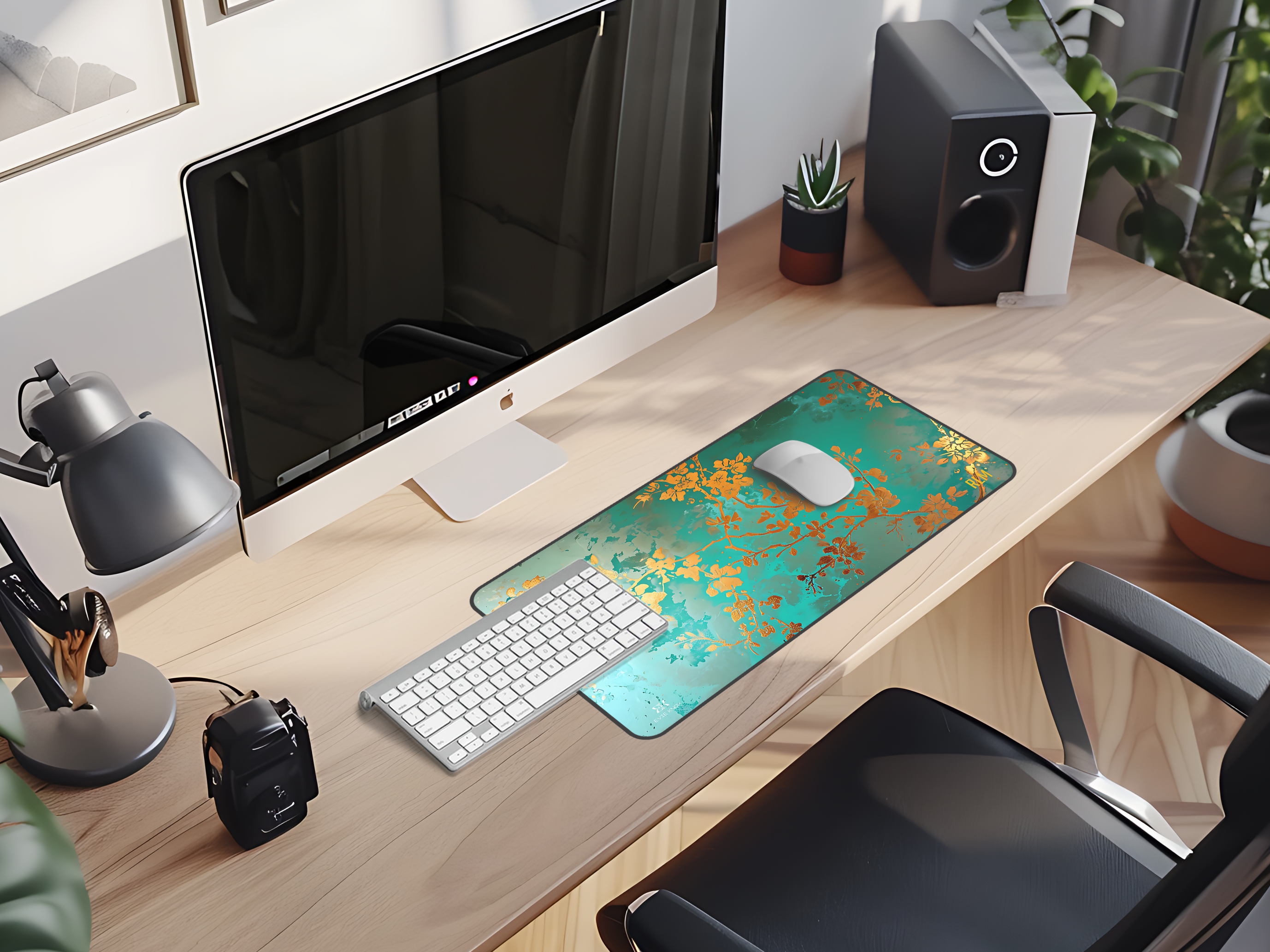 Teal & Gold Floral Desk Mat — Personalizable Elegant Mouse Pad