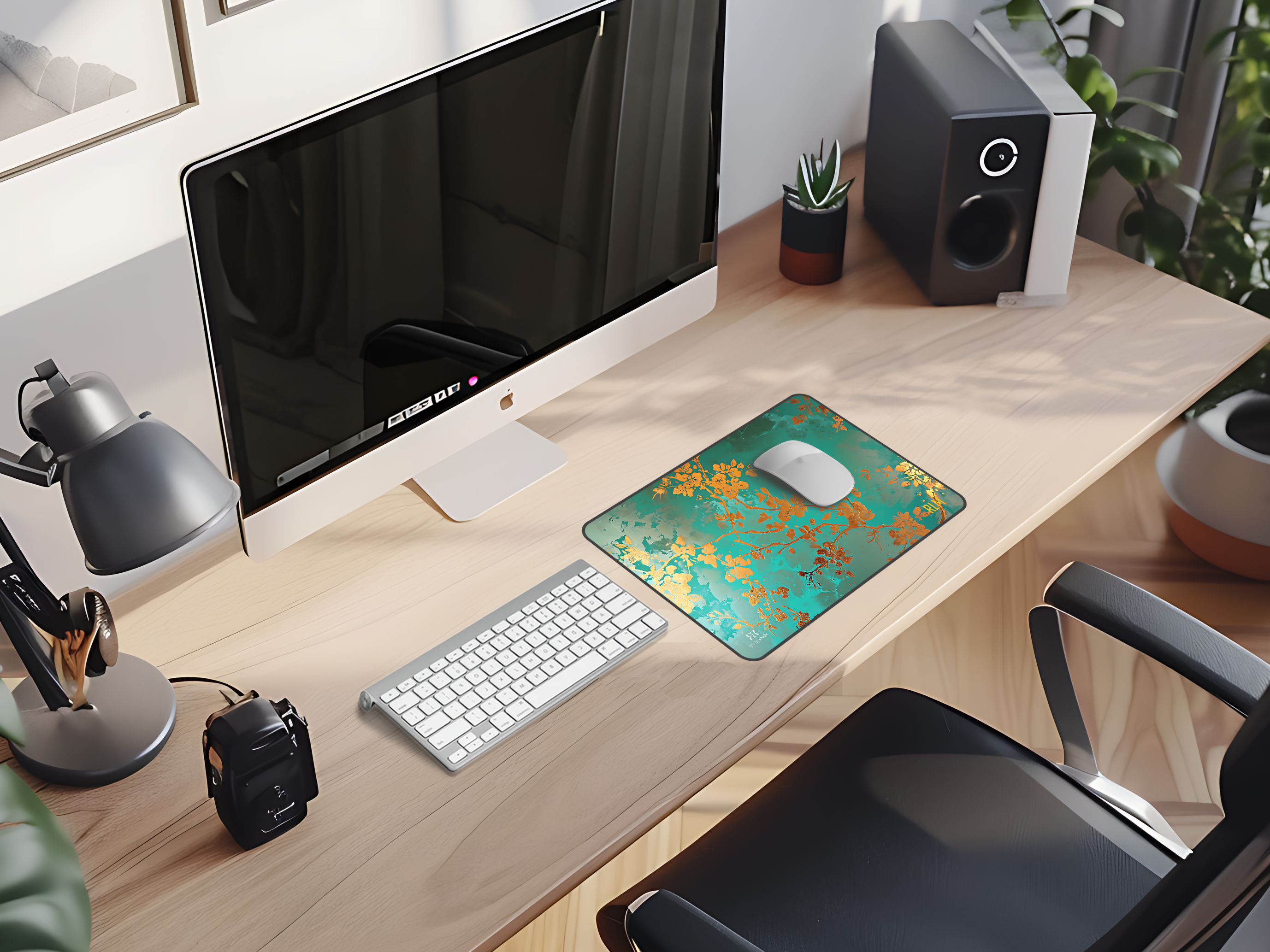 Teal & Gold Floral Desk Mat — Personalizable Elegant Mouse Pad