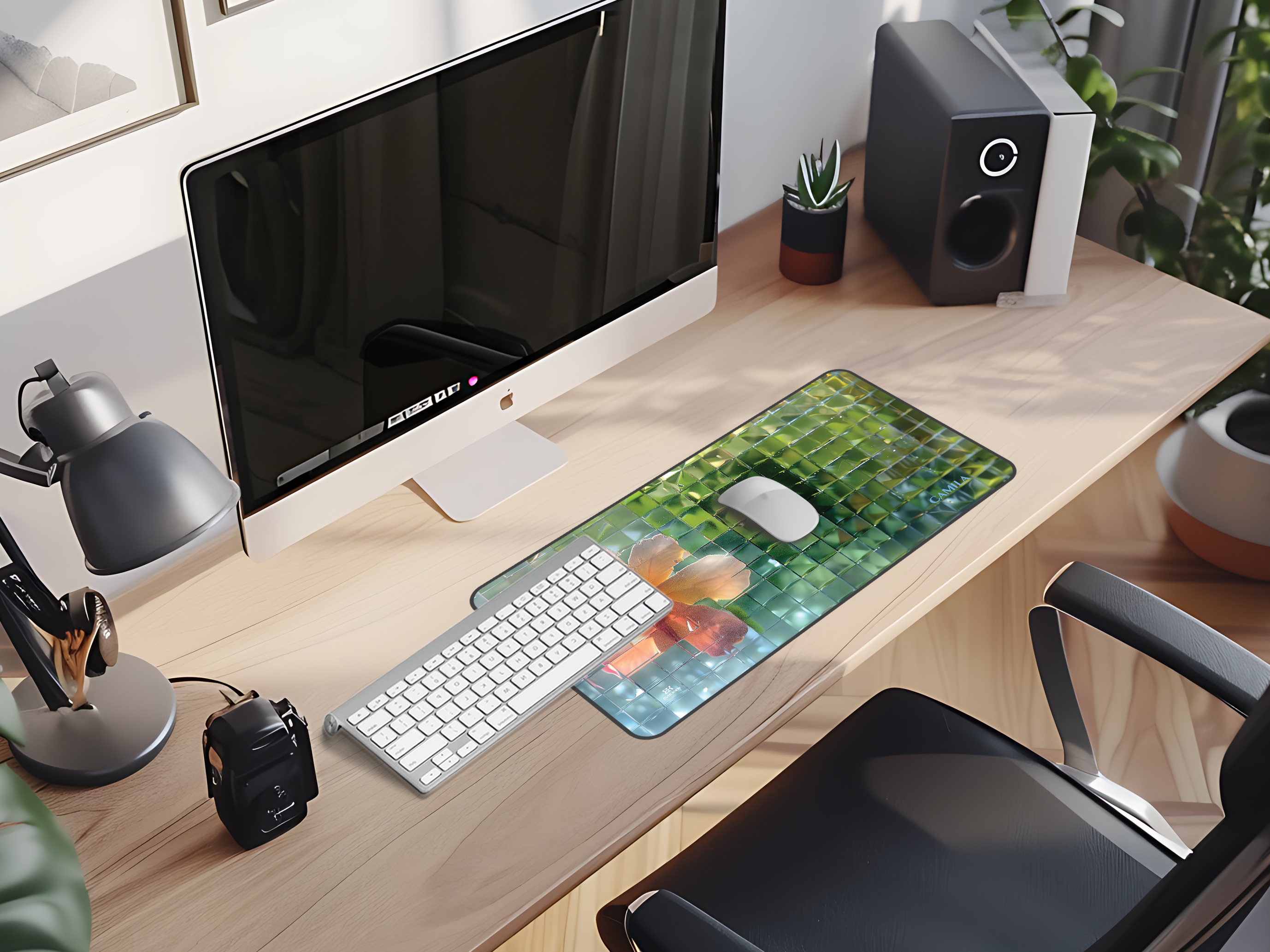 Hibiscus Glassy Mosaic Desk Mat — Floral Pixelated Mouse Pad for Home Office
