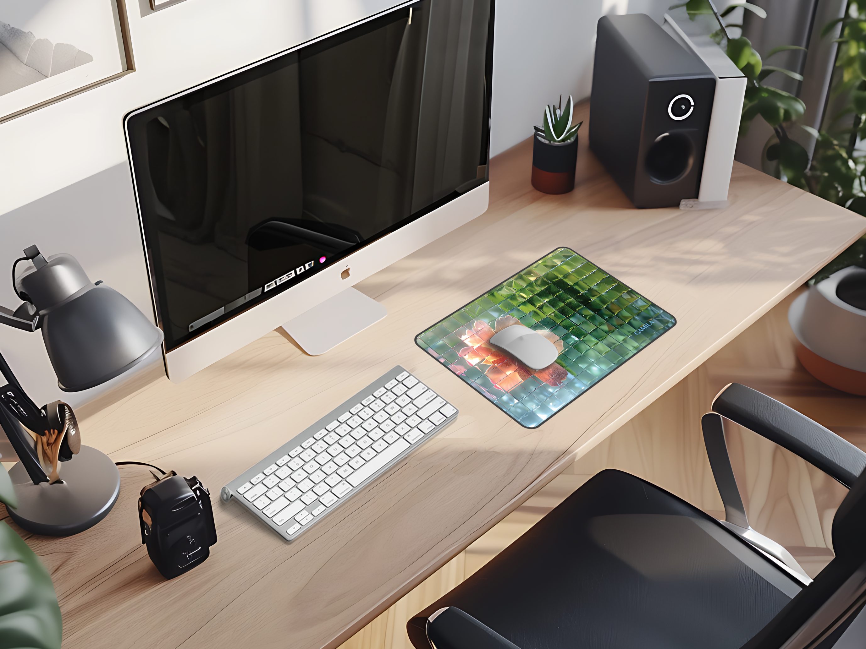 Hibiscus Glassy Mosaic Desk Mat — Floral Pixelated Mouse Pad for Home Office