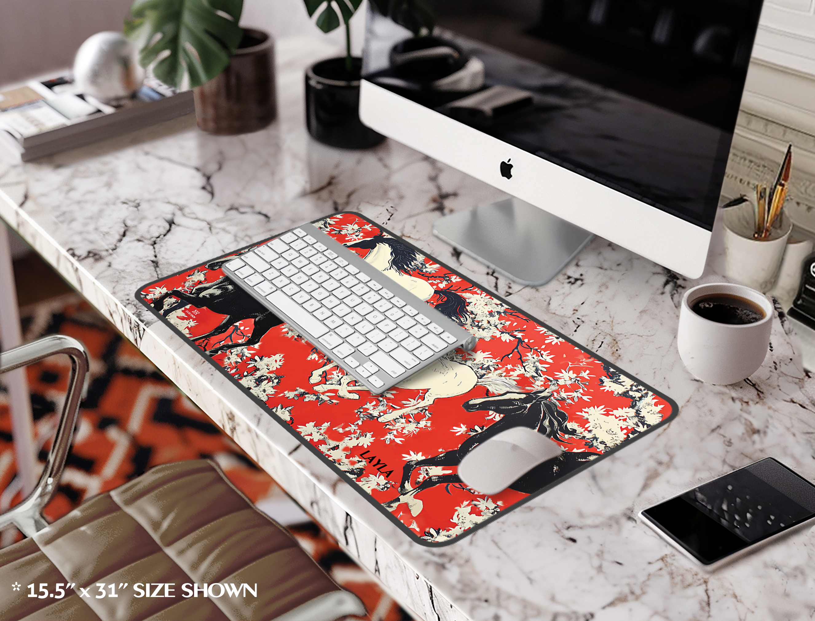 Horse Pattern Desk Mat — Red Floral Equestrian Mouse Pad