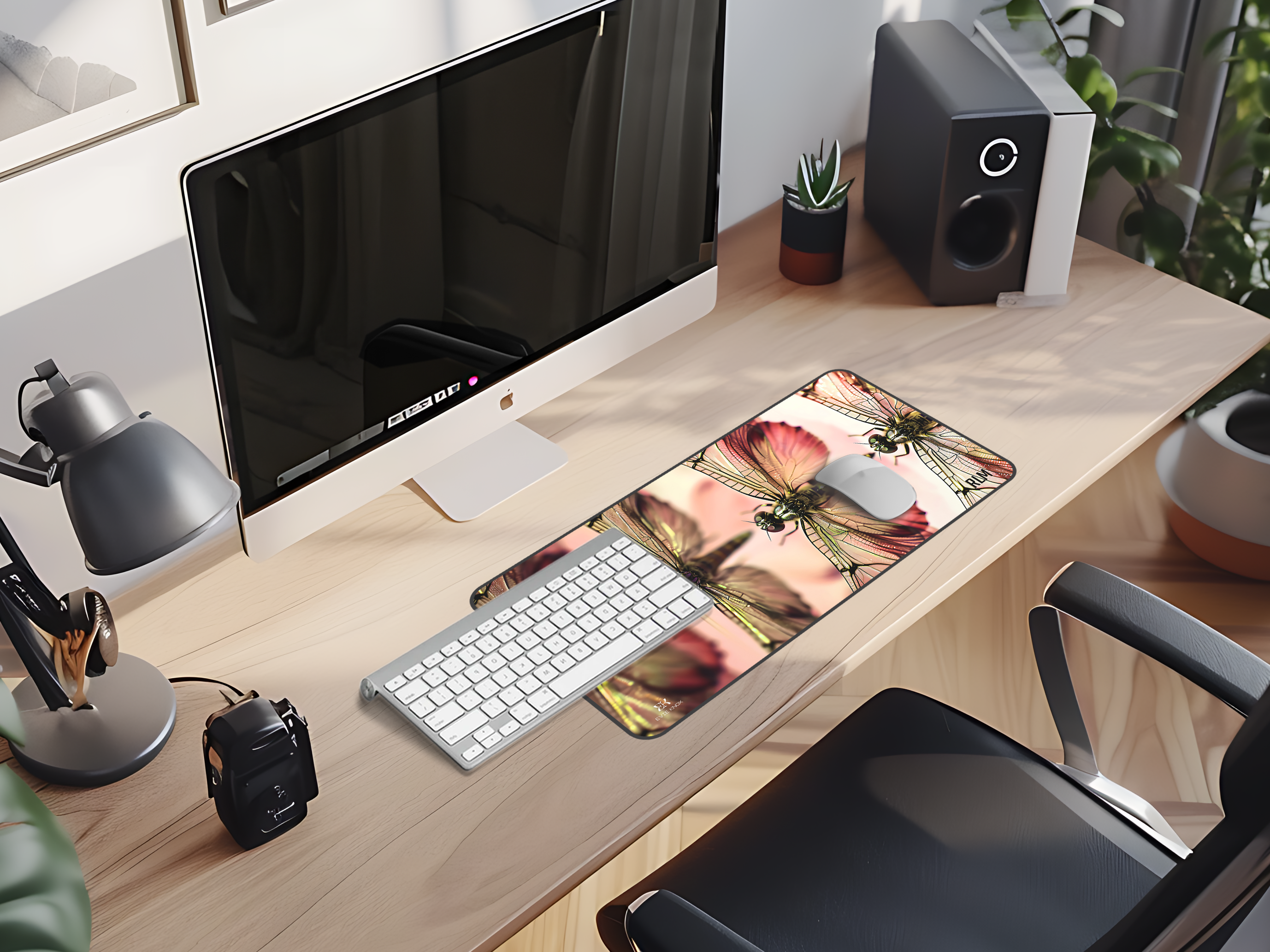 Dragonfly Reflection Desk Mat — Botanical Pink Office Mousepad
