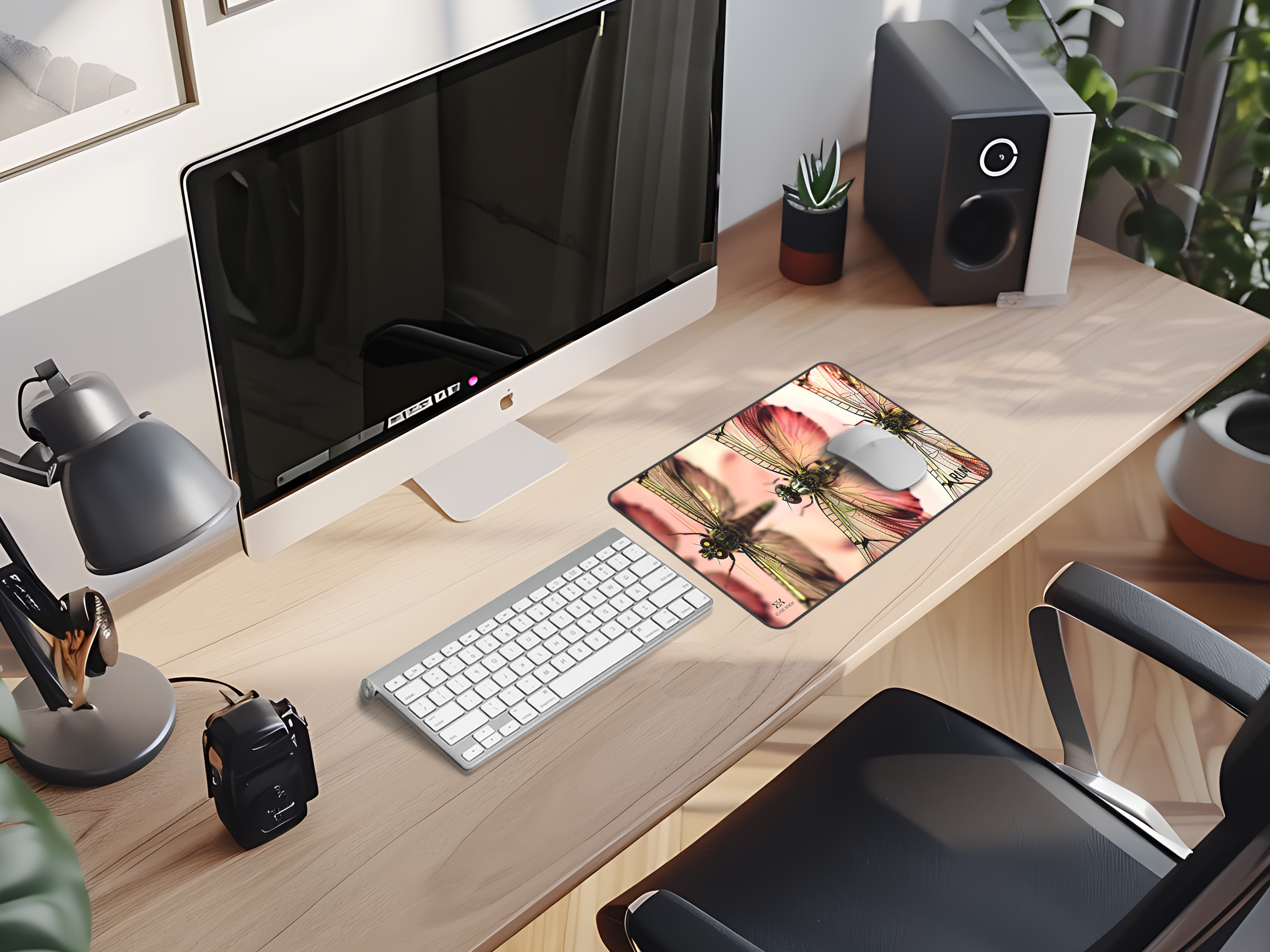 Dragonfly Reflection Desk Mat — Botanical Pink Office Mousepad