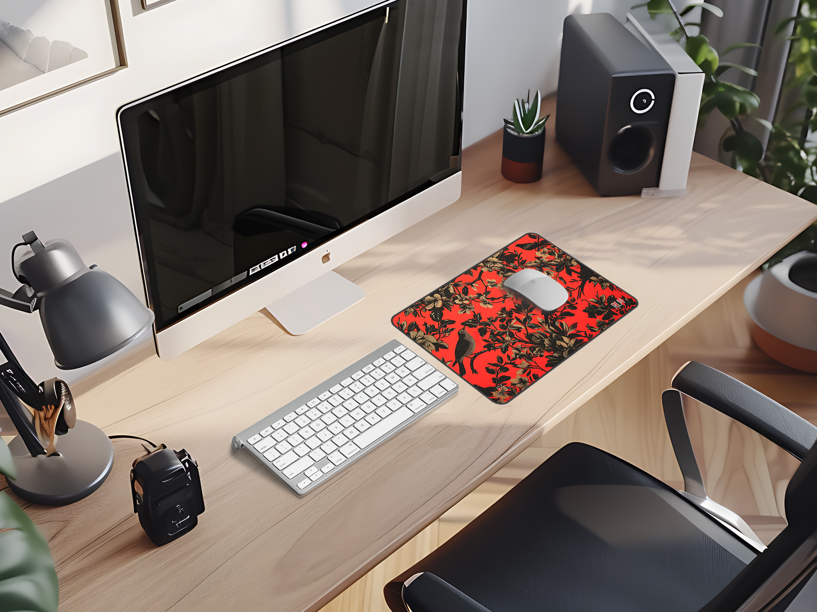 Vintage Birds of a Feather Floral Desk Mat — Red & Black Large Mousepad