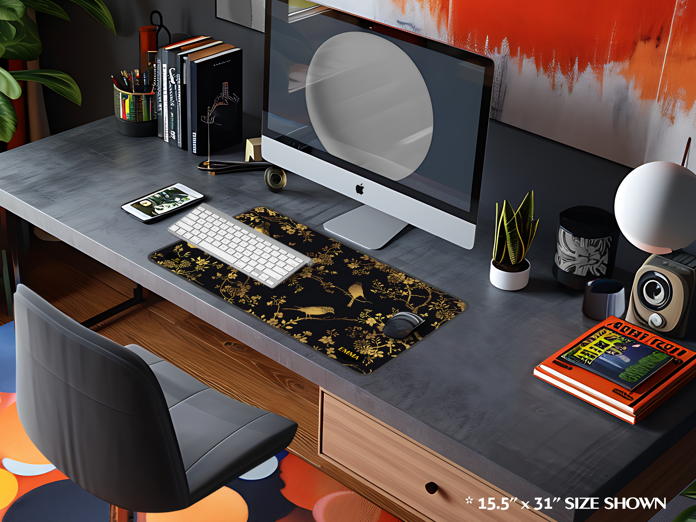 Gold Bird Floral Desk Mat — Elegant Black & Gold Mouse Pad