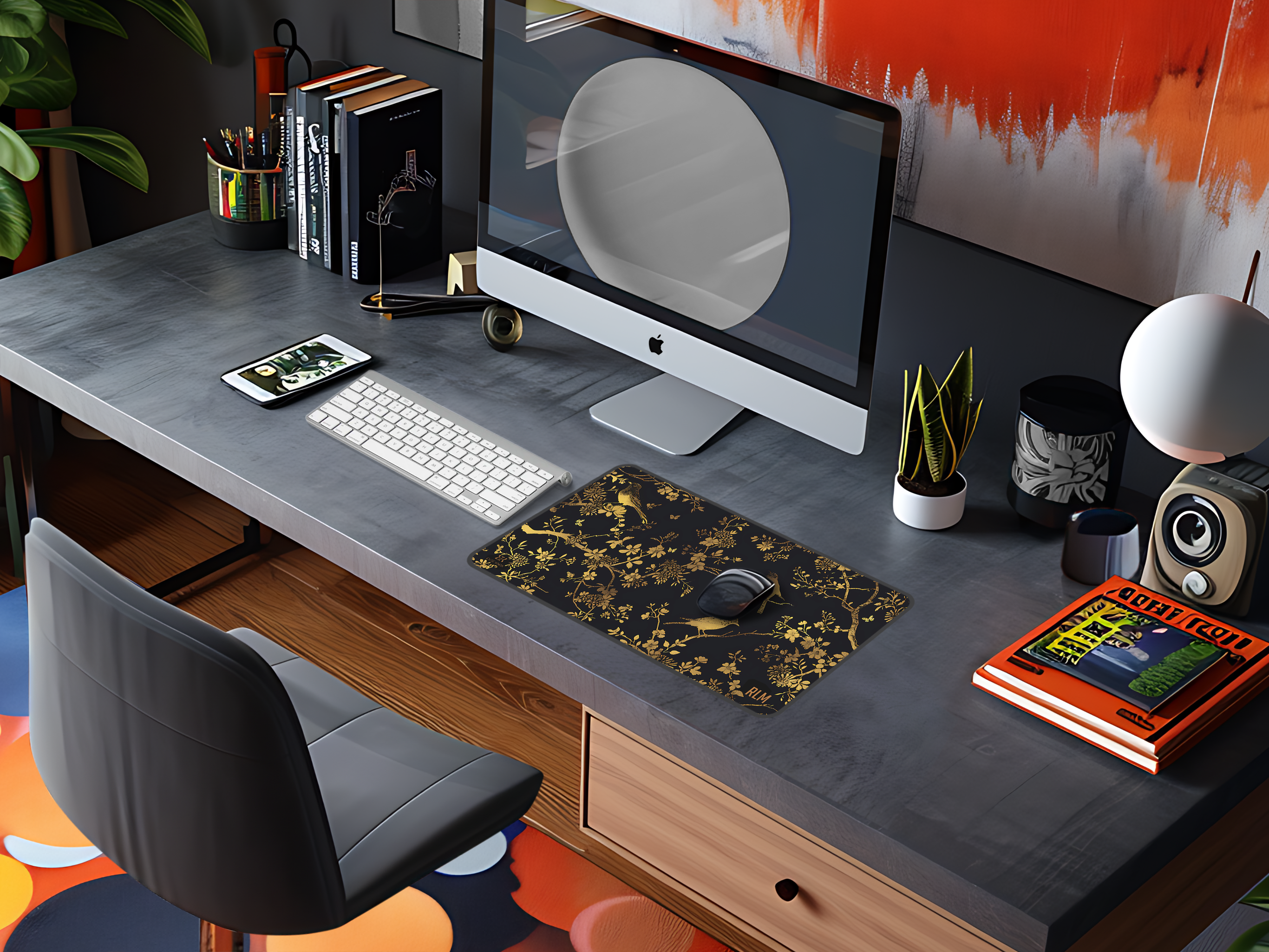 Gold Bird Floral Desk Mat — Elegant Black & Gold Mouse Pad