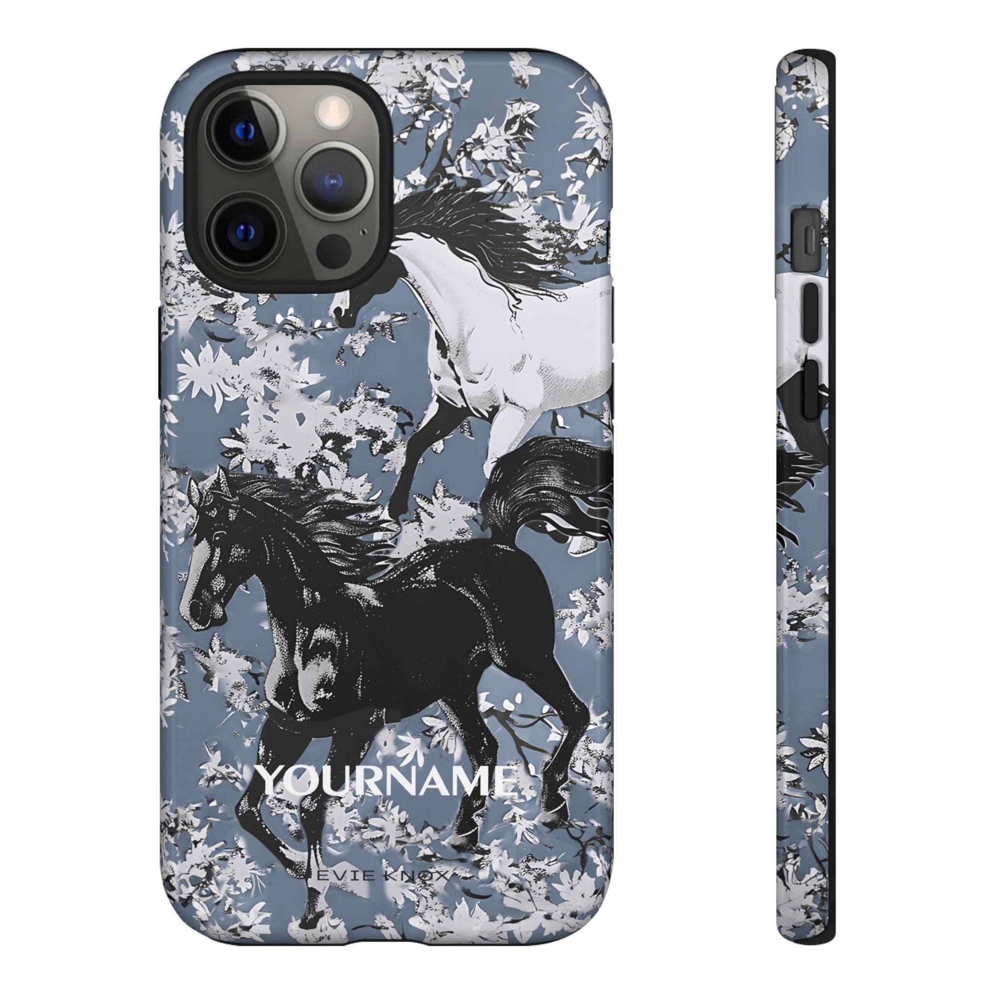 Horses on Dusty Blue Floral Pattern Tough Phone Case - Personalizable iPhone Case