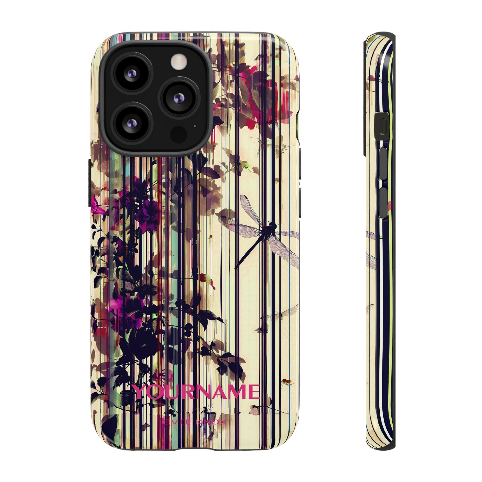 Floral Stripes Tough Phone Case — Vintage Botanical Dragonfly Design