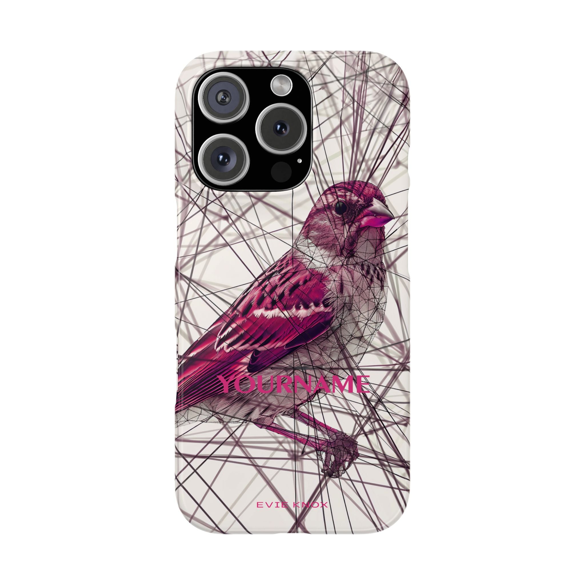Pink Finch Bird Illustration on Abstract Line Background - Slim Phone Case