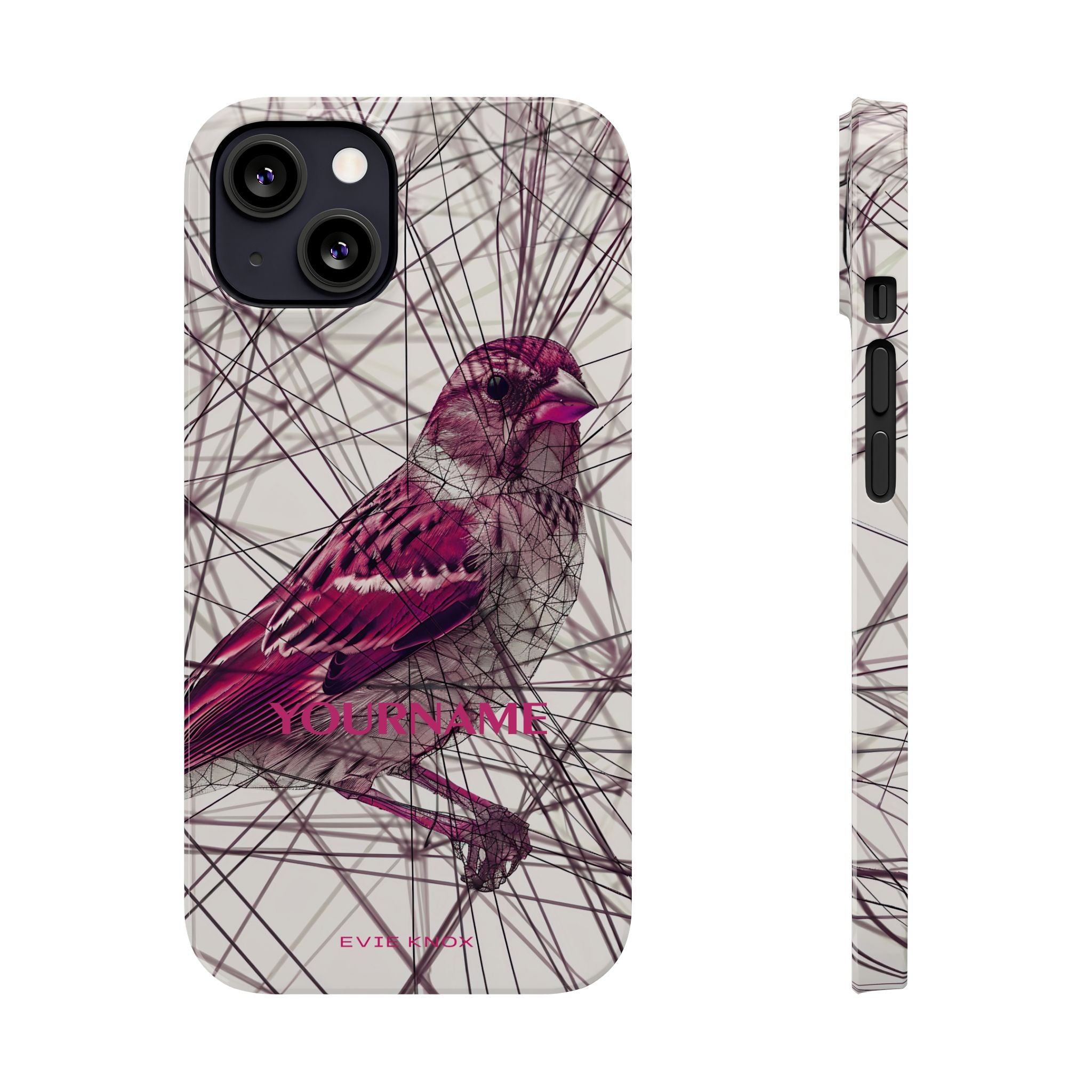 Pink Finch Bird Illustration on Abstract Line Background - Slim Phone Case