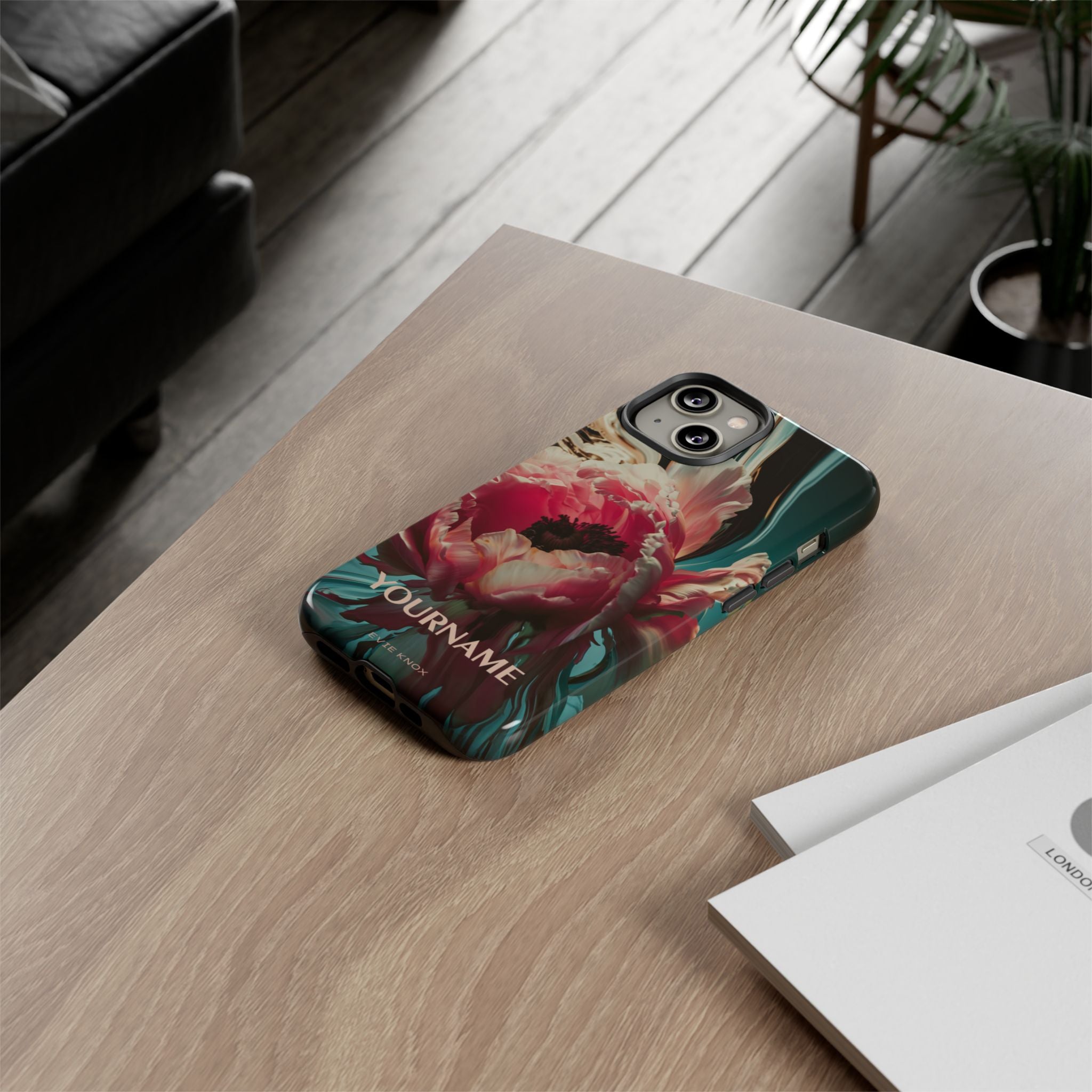 Floral Splash Tough Phone Case — Dark Teal & Pink Peony Design