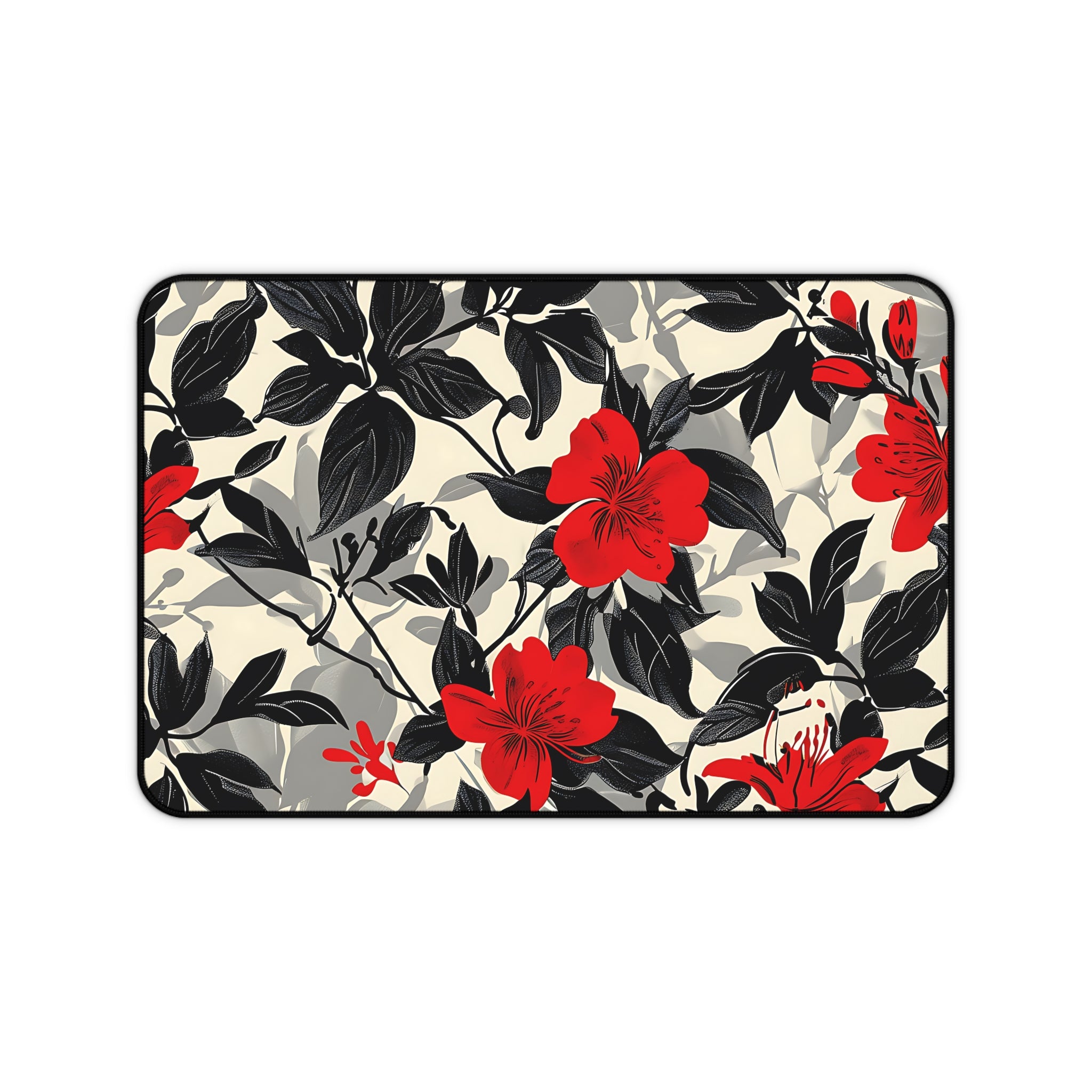 Floral Red Hibiscus Desk Mat — Oversized Office Mousepad with Black & Cream Botanical Print