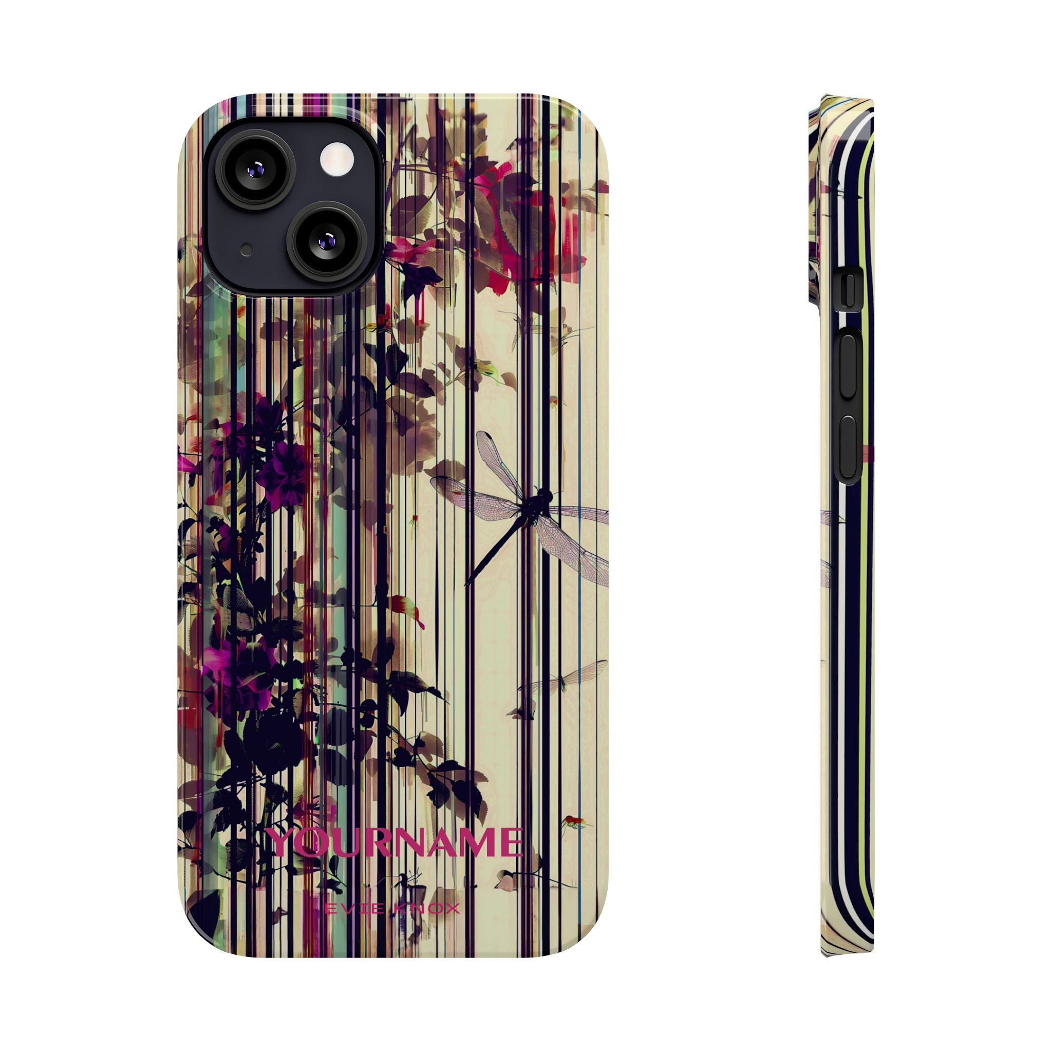 Floral Stripes Slim Phone Case — Vintage Botanical Dragonfly Design