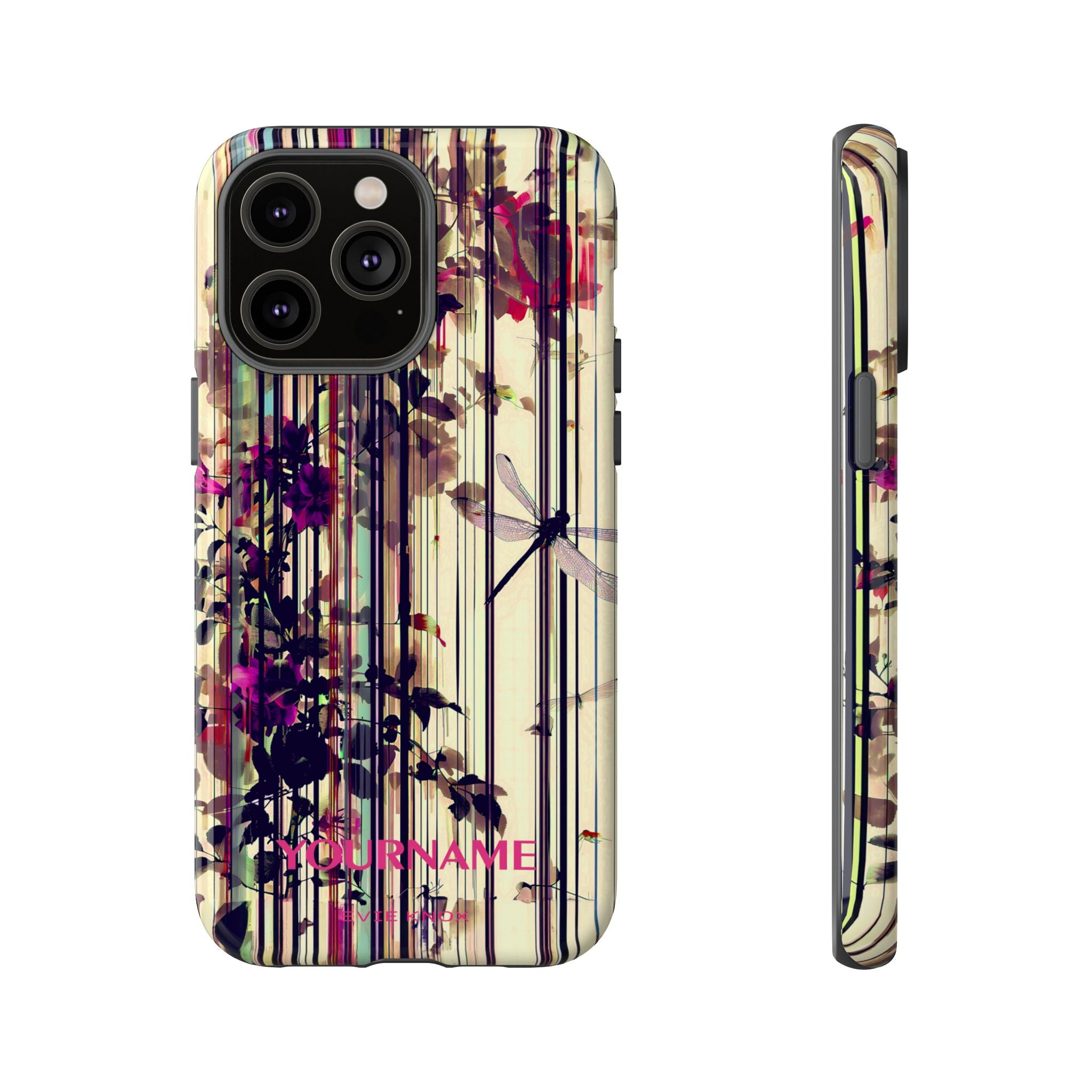 Floral Stripes Tough Phone Case — Vintage Botanical Dragonfly Design