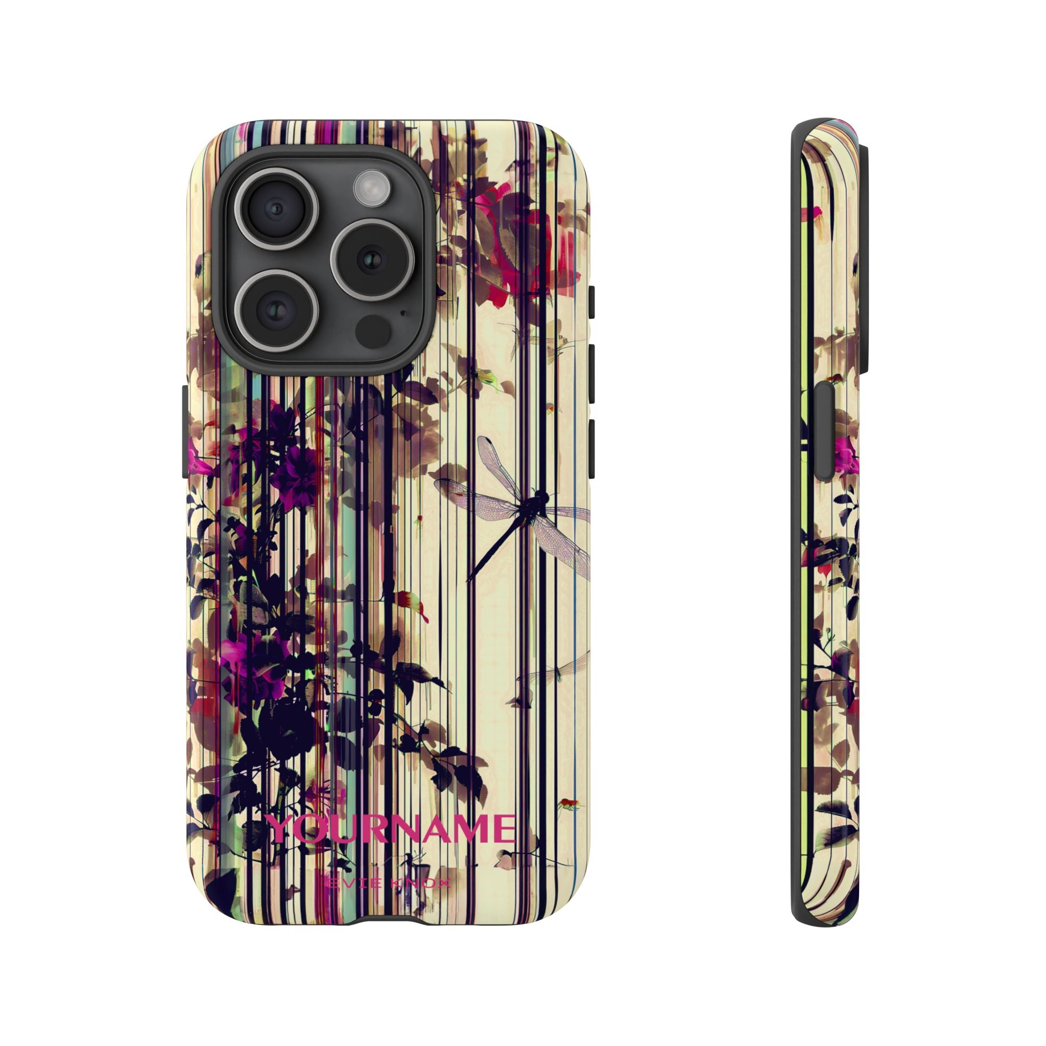 Floral Stripes Tough Phone Case — Vintage Botanical Dragonfly Design