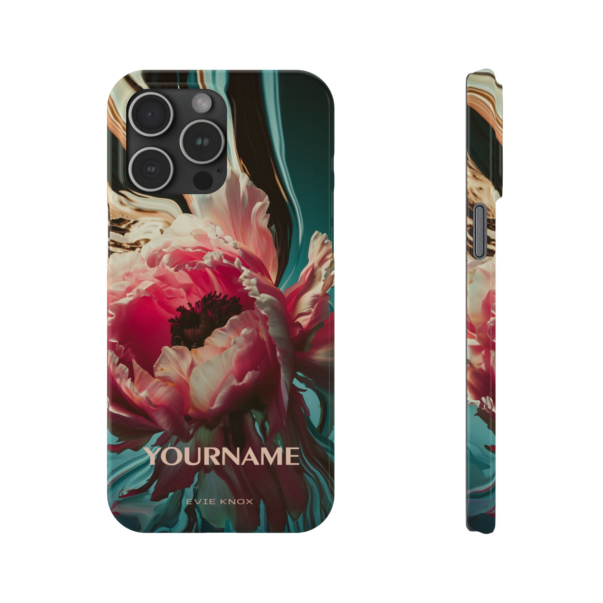 Floral Splash Slim Phone Case — Dark Teal & Pink Peony Design