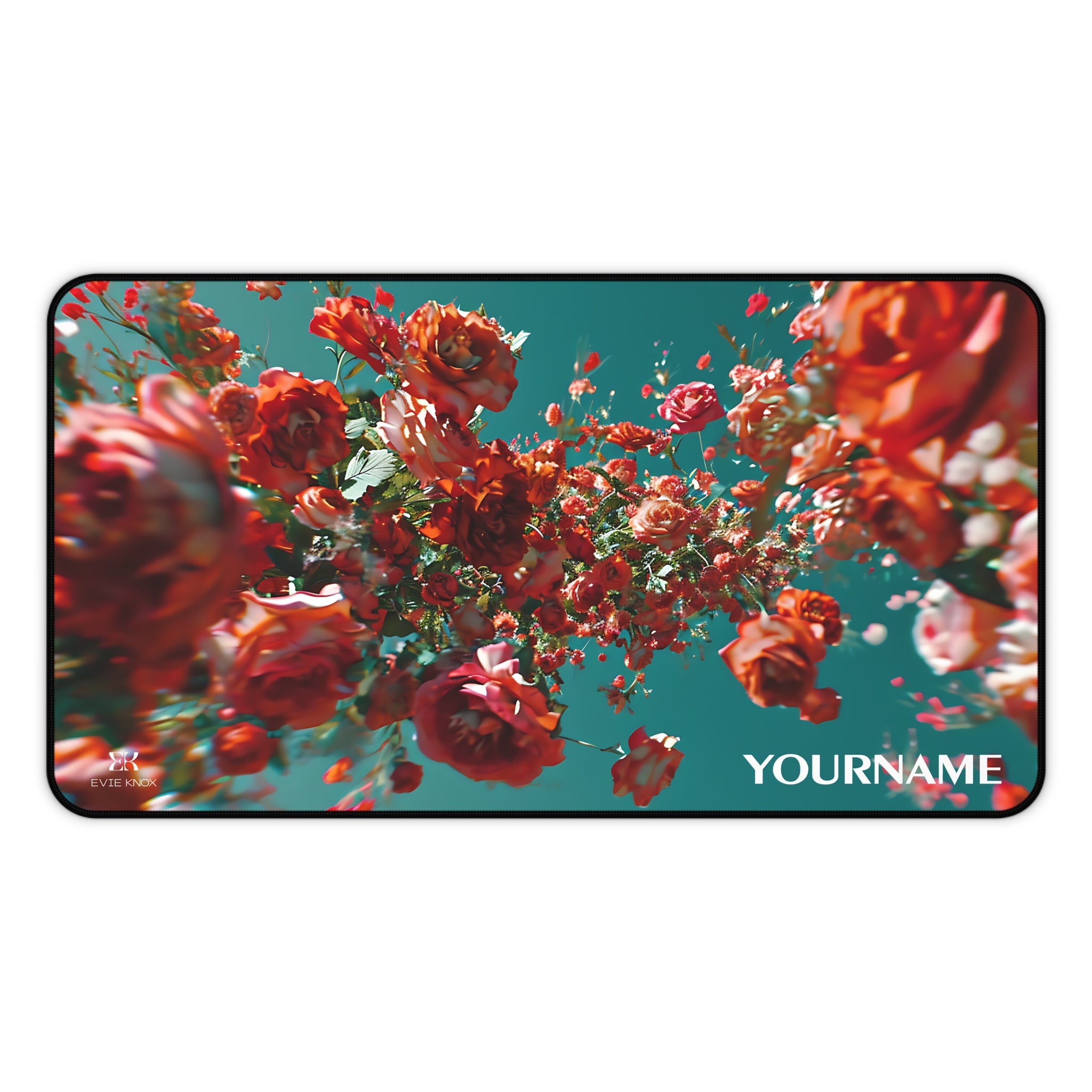 Floral Cascade Desk Mat — Red Roses on Teal Mouse Pad
