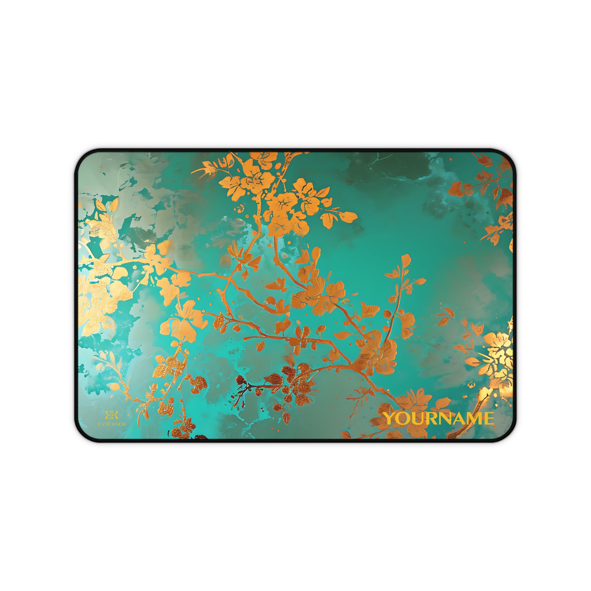 Teal & Gold Floral Desk Mat — Personalizable Elegant Mouse Pad