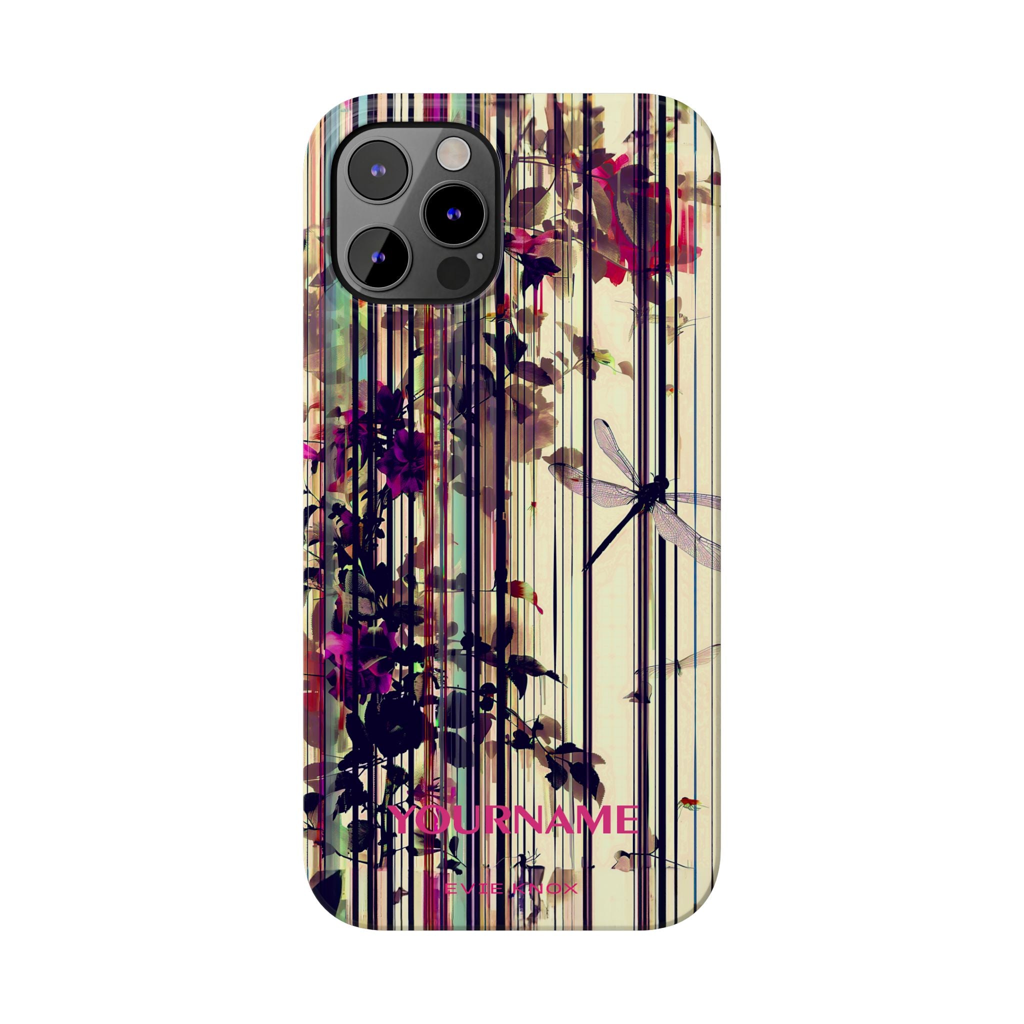 Floral Stripes Slim Phone Case — Vintage Botanical Dragonfly Design