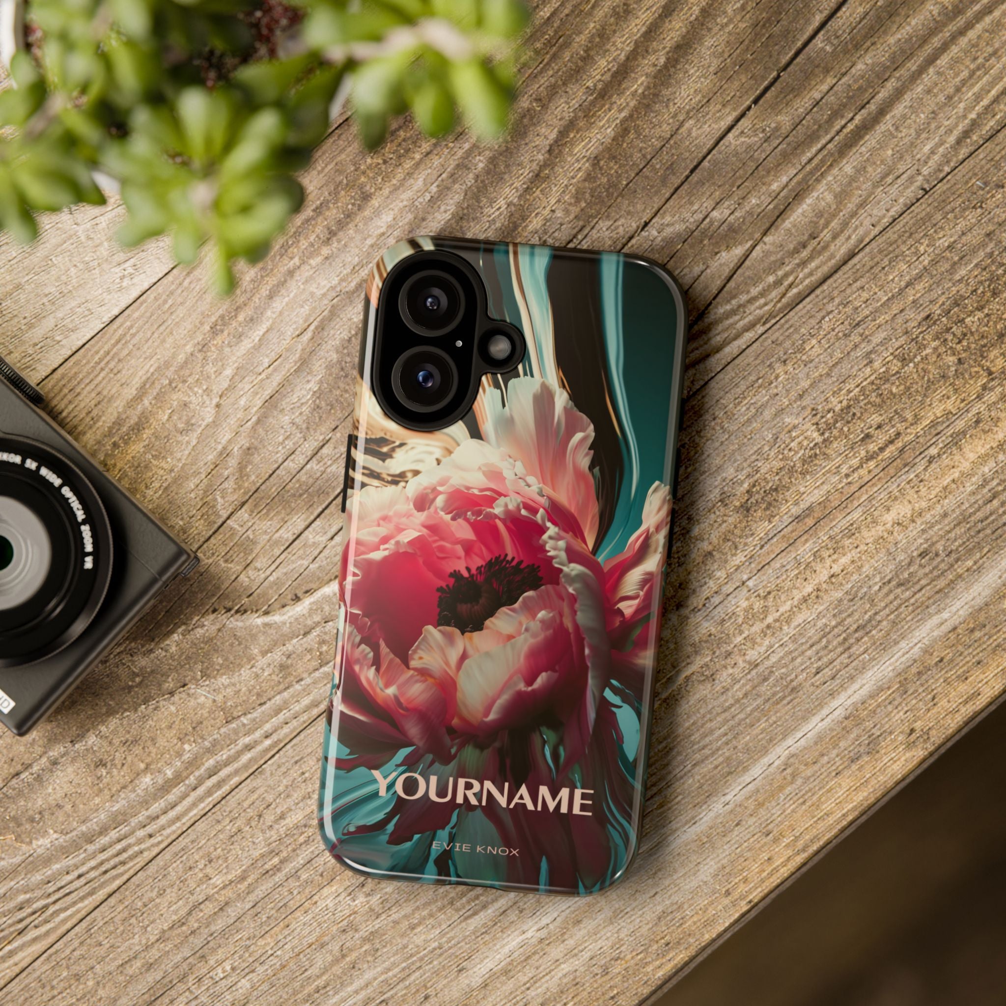 Floral Splash Tough Phone Case — Dark Teal & Pink Peony Design