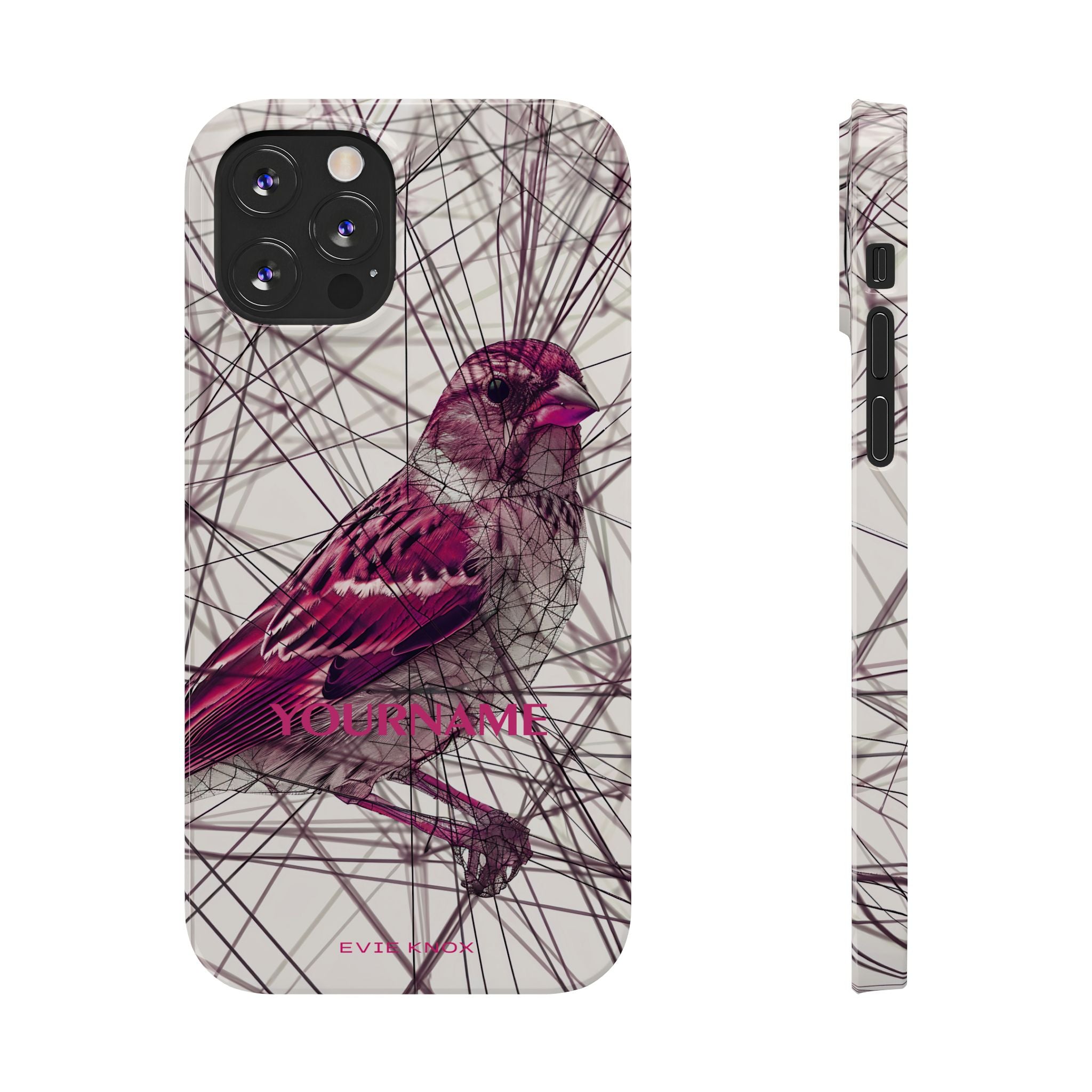 Pink Finch Bird Illustration on Abstract Line Background - Slim Phone Case