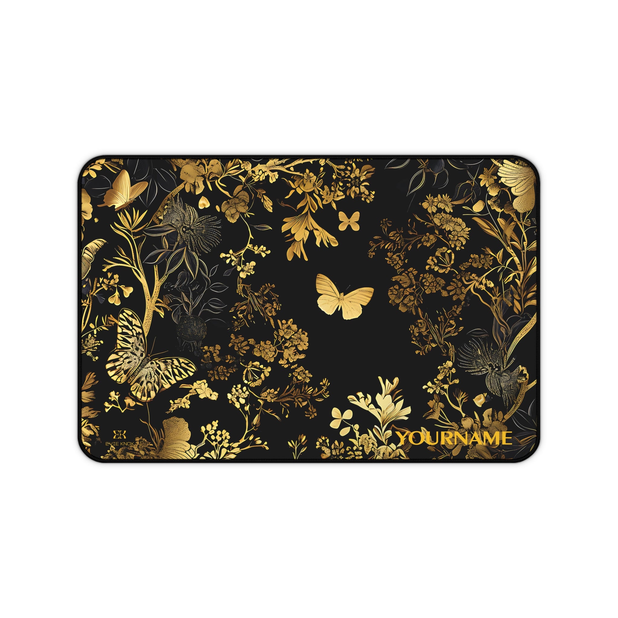 Gold Butterfly Floral Desk Mat — Personalized Elegant Mouse Pad