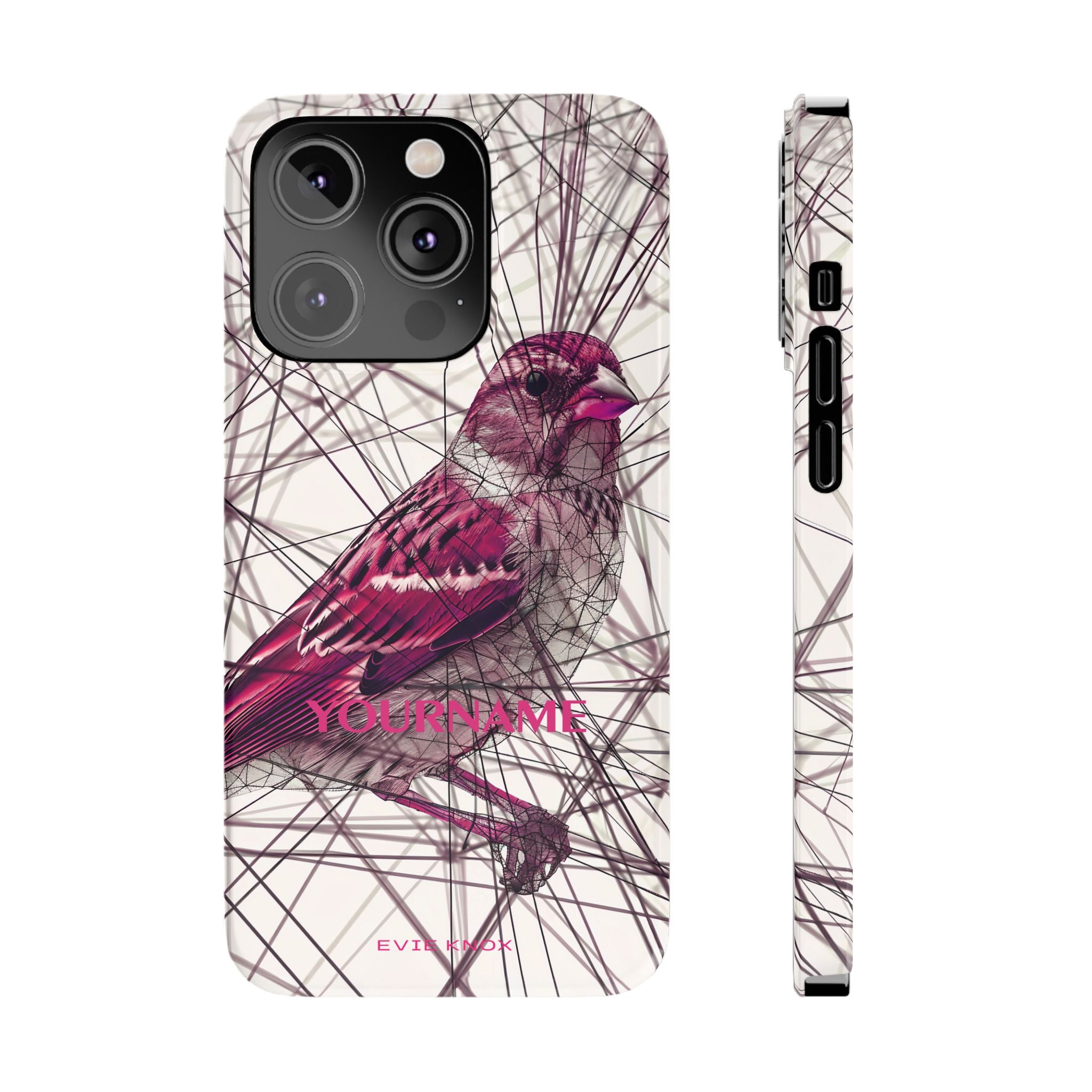 Pink Finch Bird Illustration on Abstract Line Background - Slim Phone Case