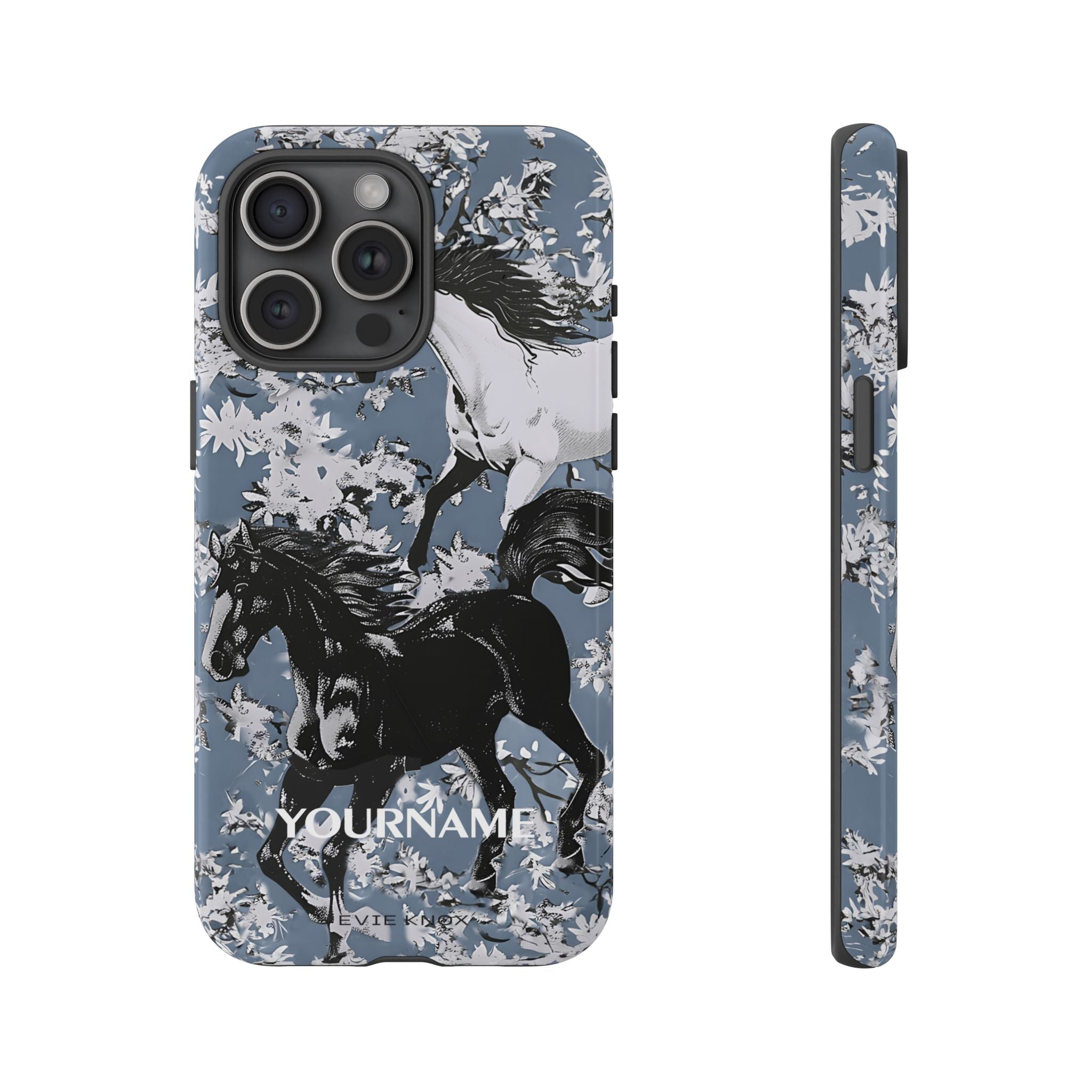 Horses on Dusty Blue Floral Pattern Tough Phone Case - Personalizable iPhone Case