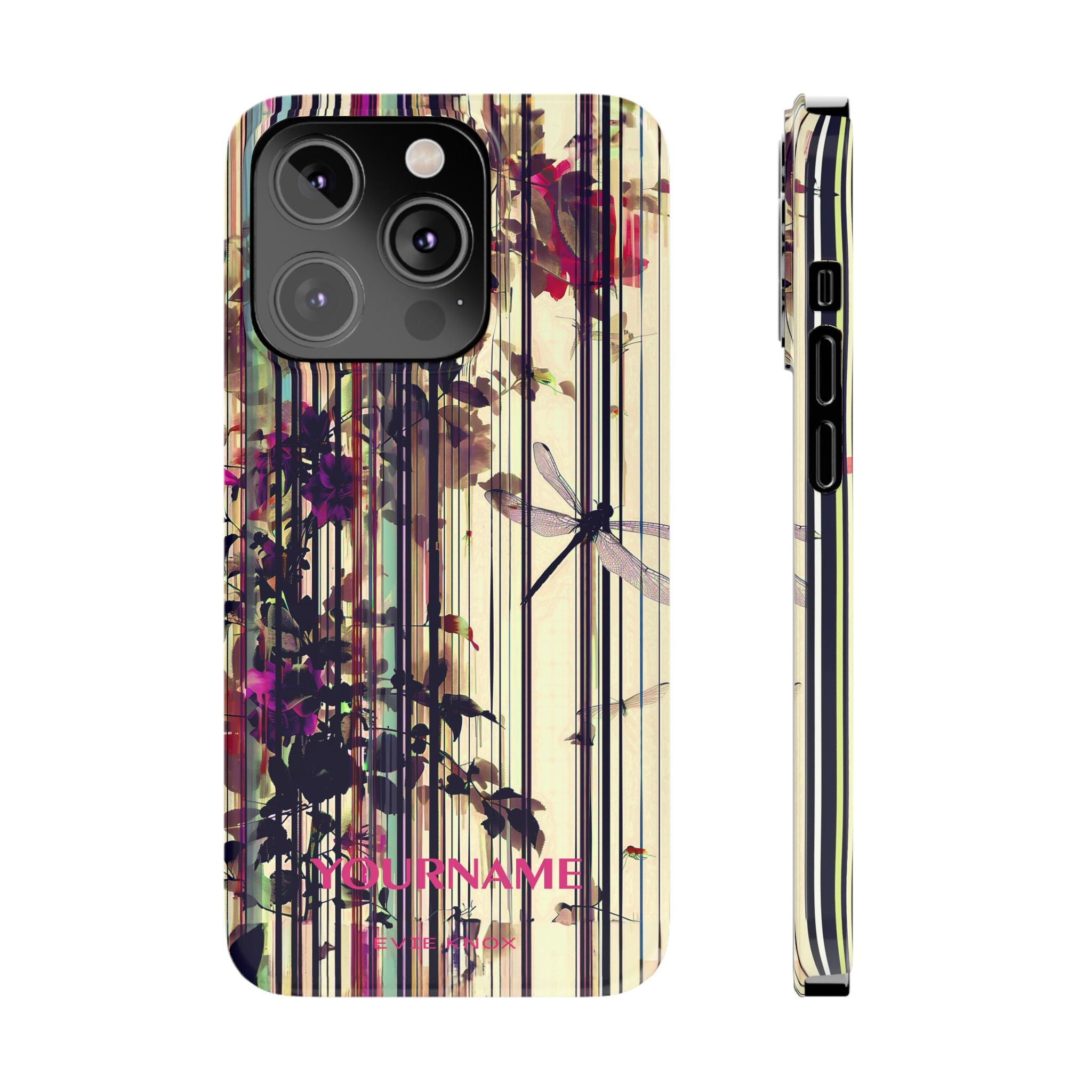 Floral Stripes Slim Phone Case — Vintage Botanical Dragonfly Design