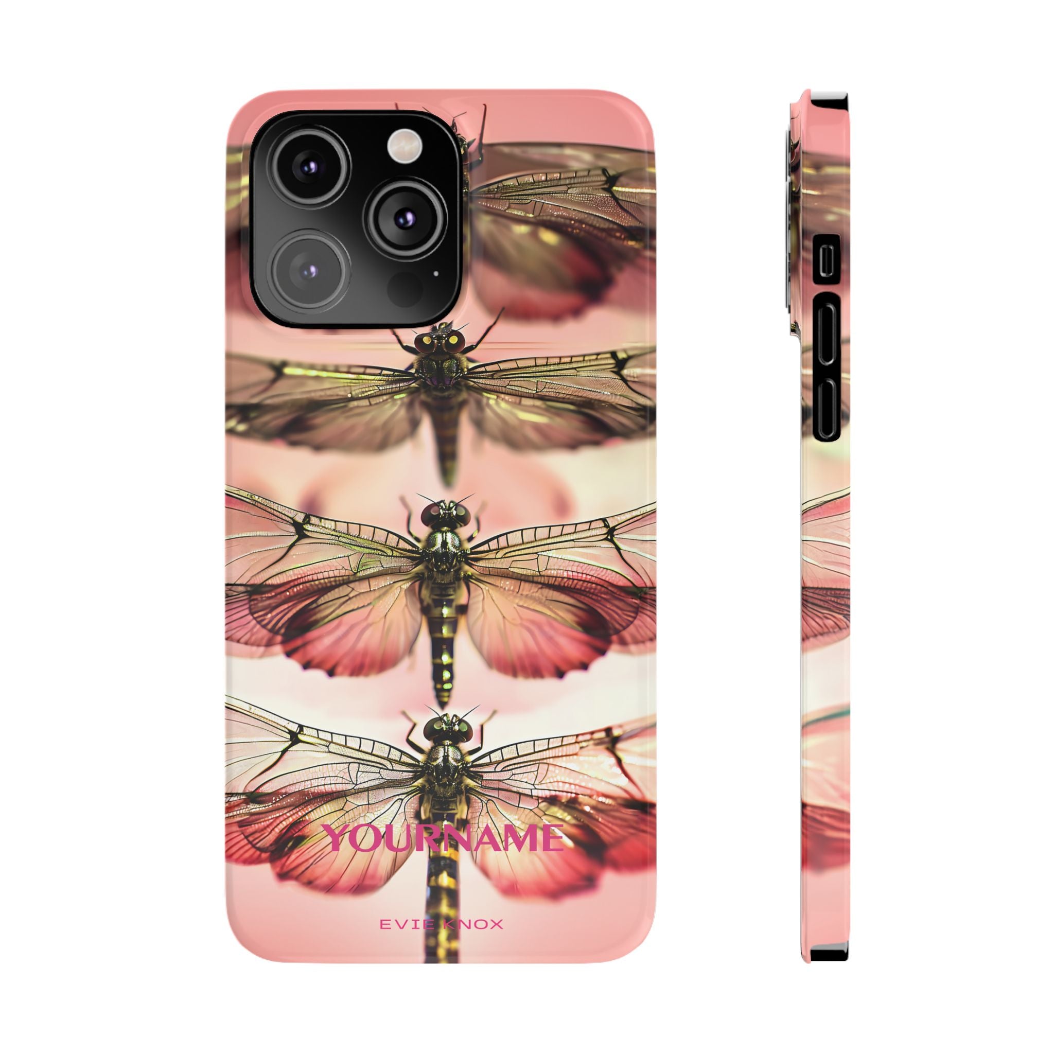 Dragonfly Array Slim Phone Case — Pink Floral Insect Art Protective Cover