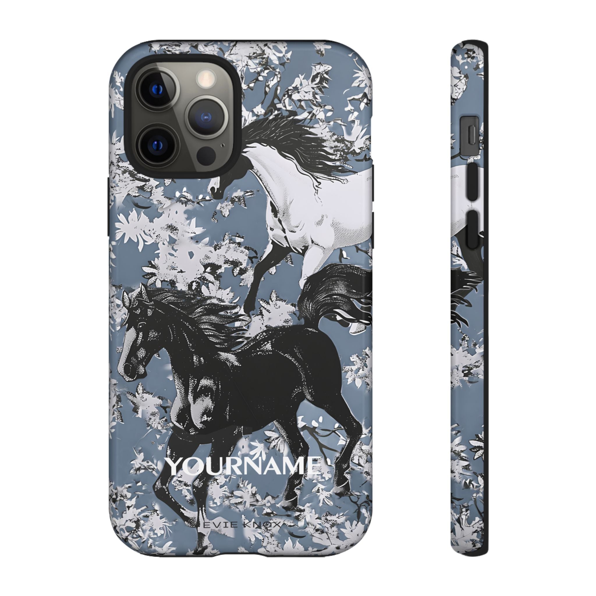 Horses on Dusty Blue Floral Pattern Tough Phone Case - Personalizable iPhone Case