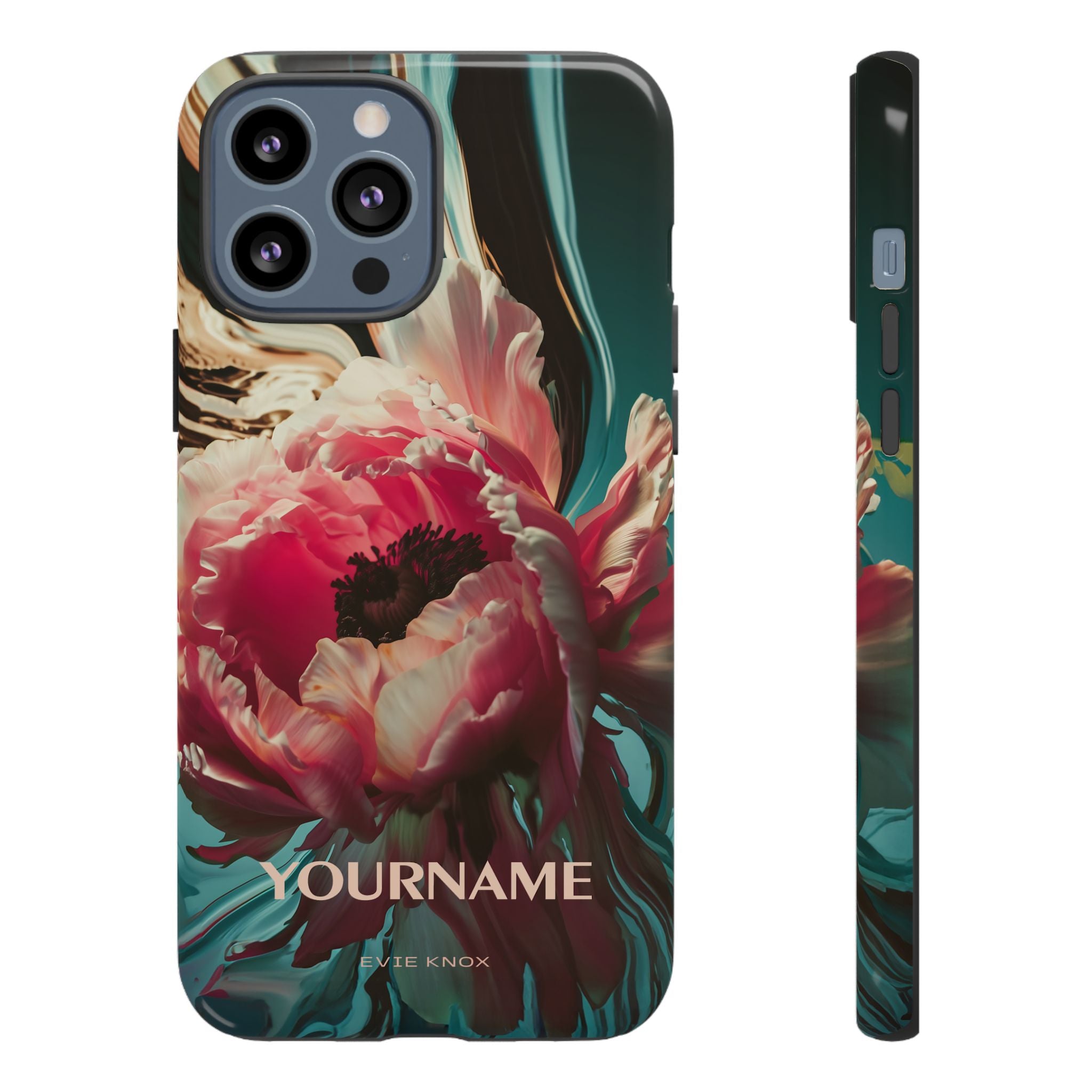 Floral Splash Tough Phone Case — Dark Teal & Pink Peony Design