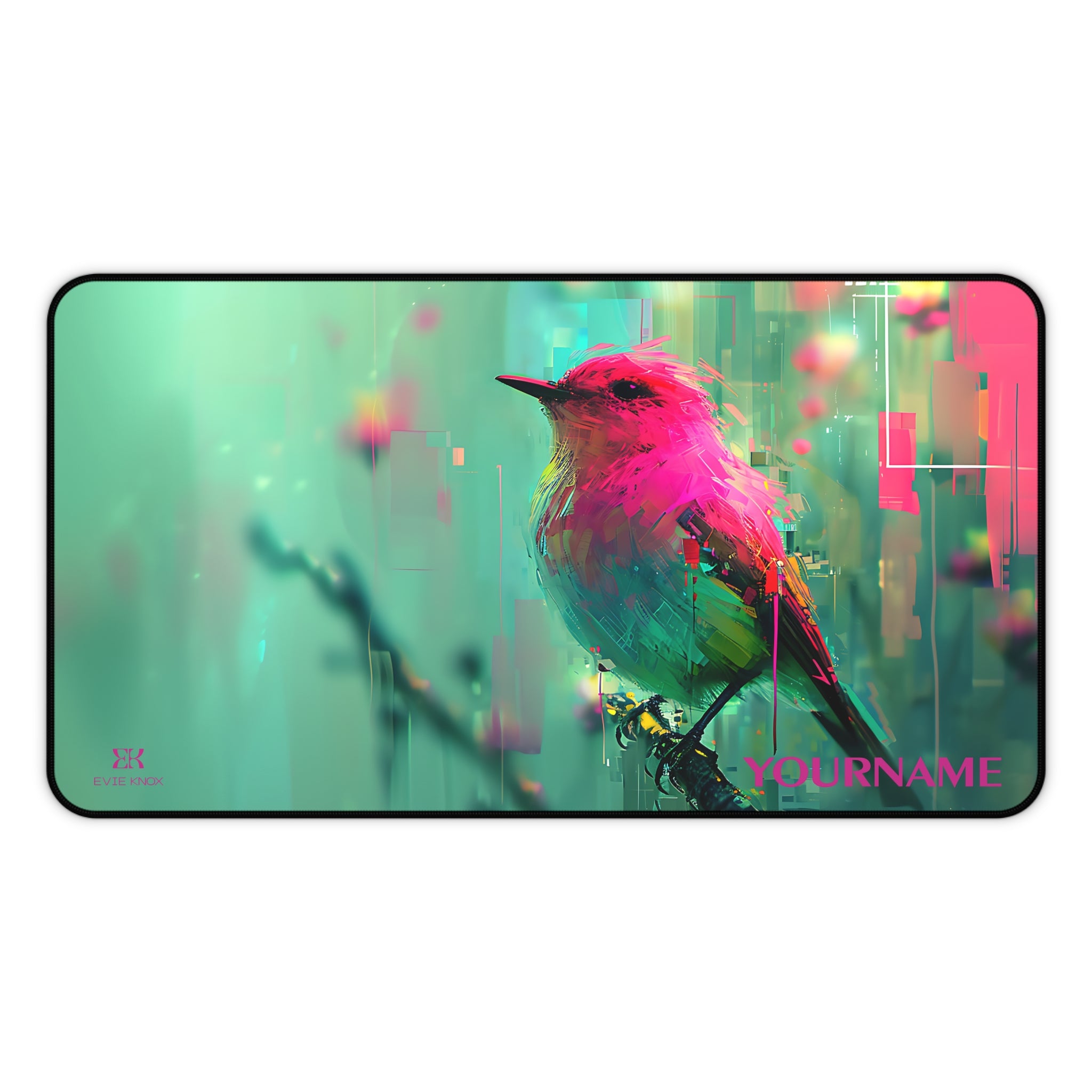 Vibrant Song Bird Desk Mat – Neon Pink & Teal Mouse Pad