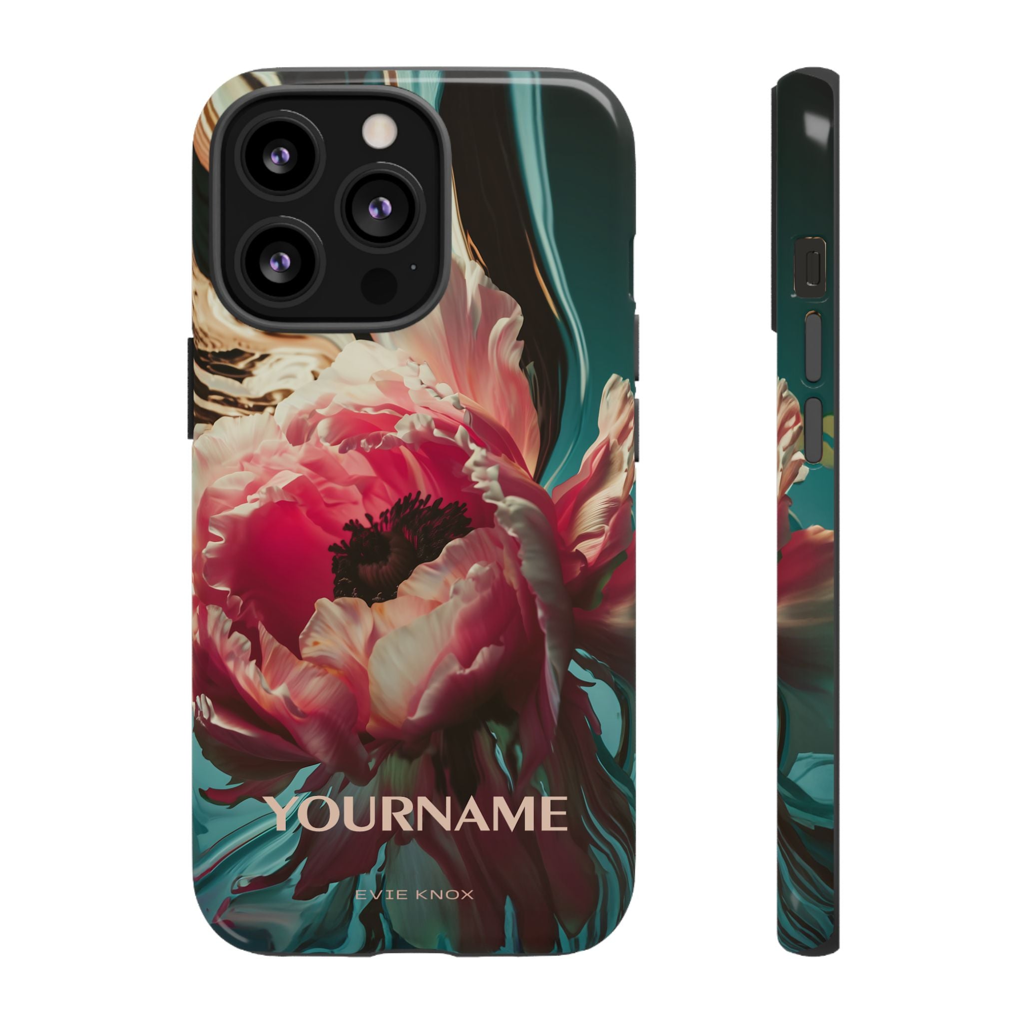 Floral Splash Tough Phone Case — Dark Teal & Pink Peony Design