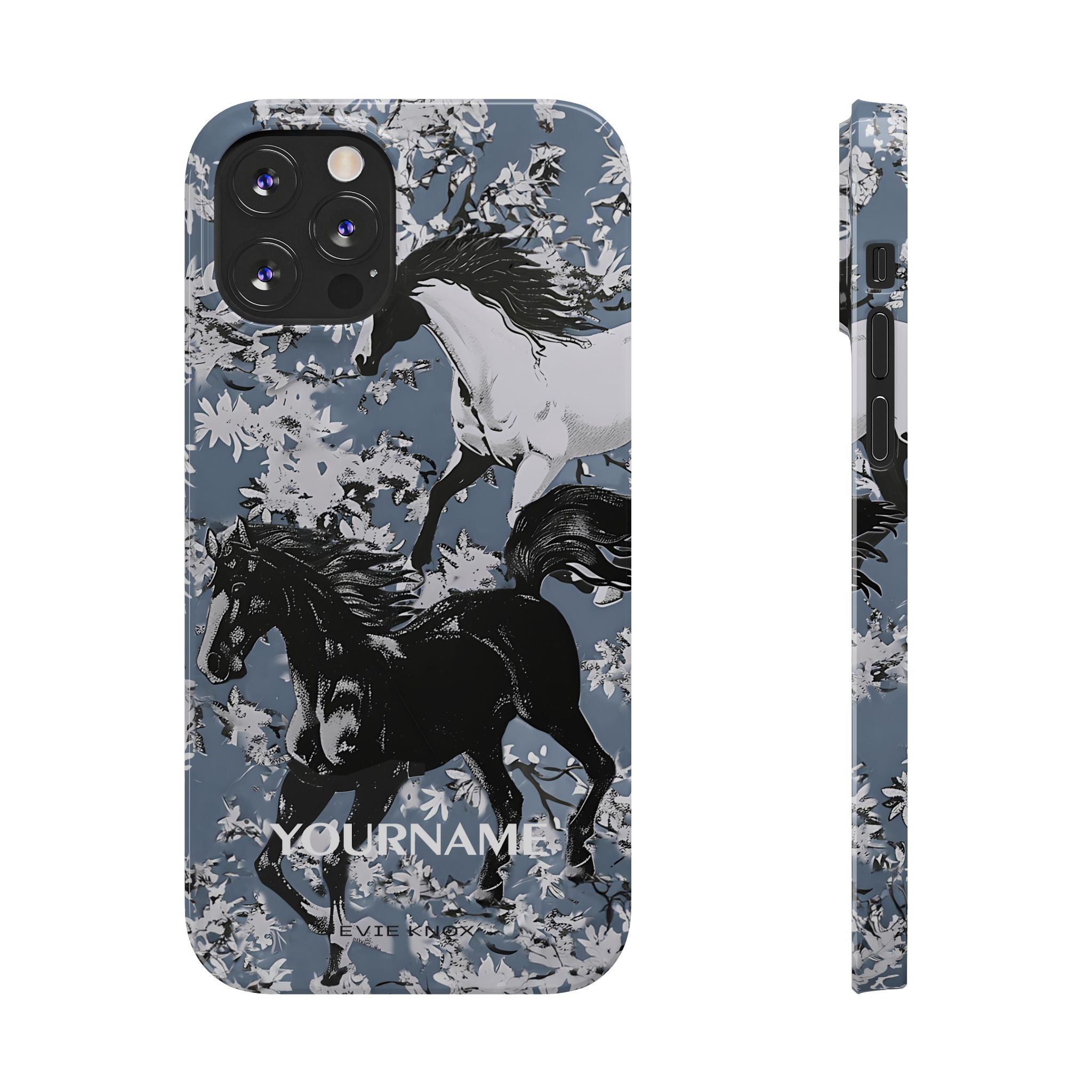 Horses on Dusty Blue Floral Pattern Slim Phone Case - Personalizable iPhone Case