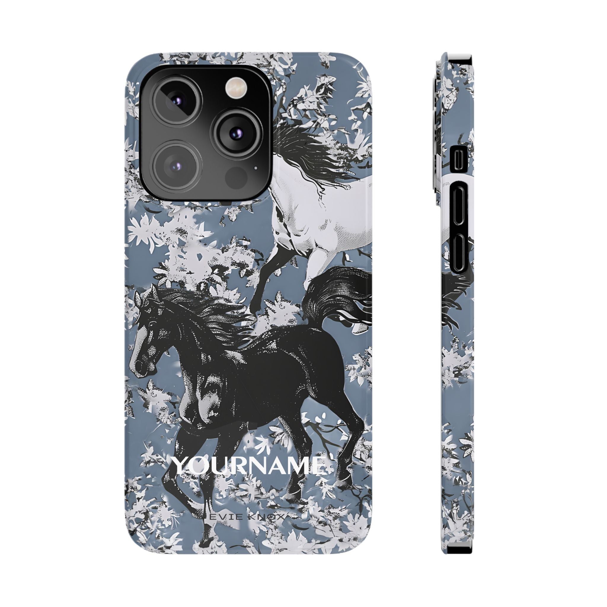 Horses on Dusty Blue Floral Pattern Slim Phone Case - Personalizable iPhone Case