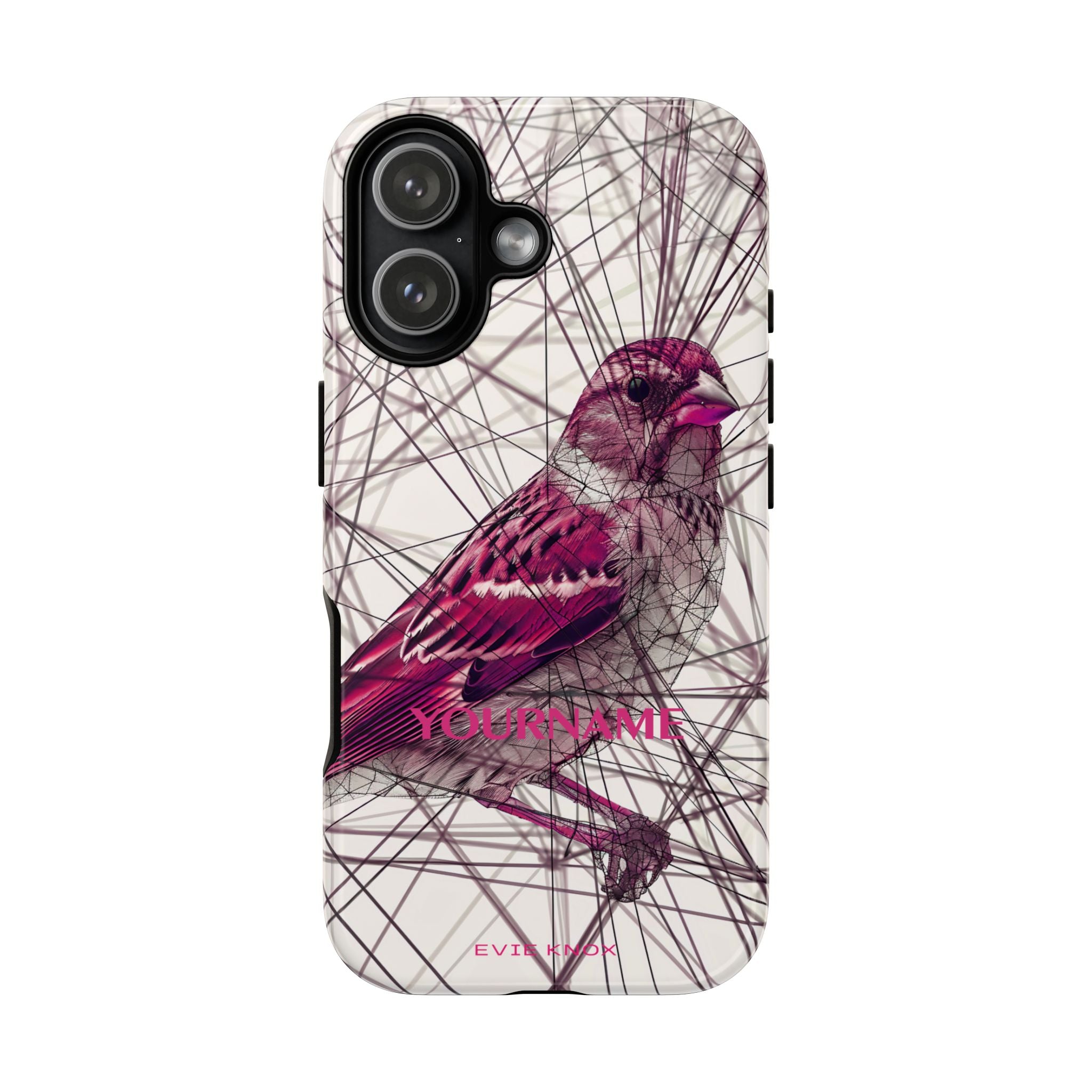 Pink Finch Bird Illustration on Abstract Line Background - Tough Phone Case