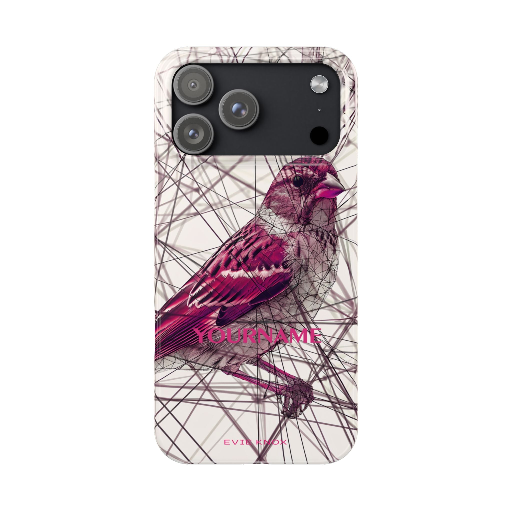 Pink Finch Bird Illustration on Abstract Line Background - Slim Phone Case