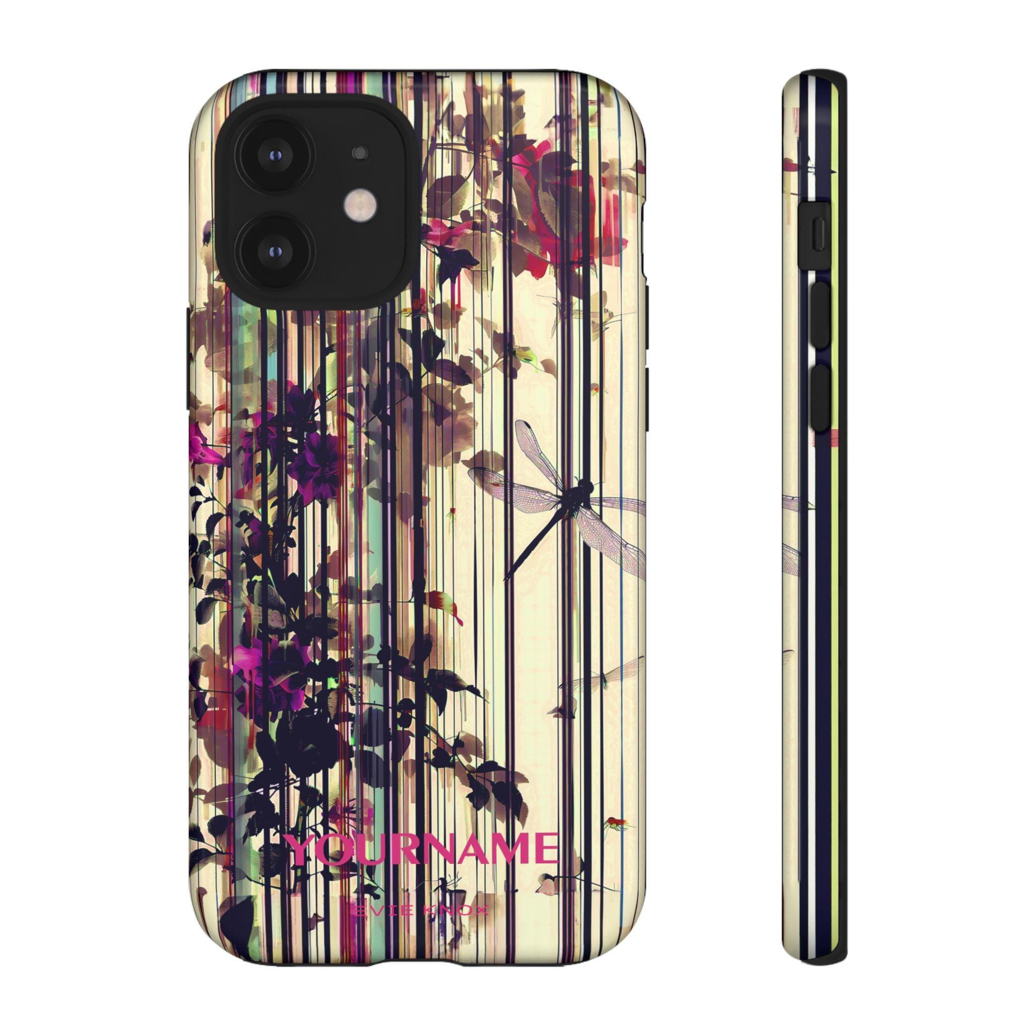 Floral Stripes Tough Phone Case — Vintage Botanical Dragonfly Design