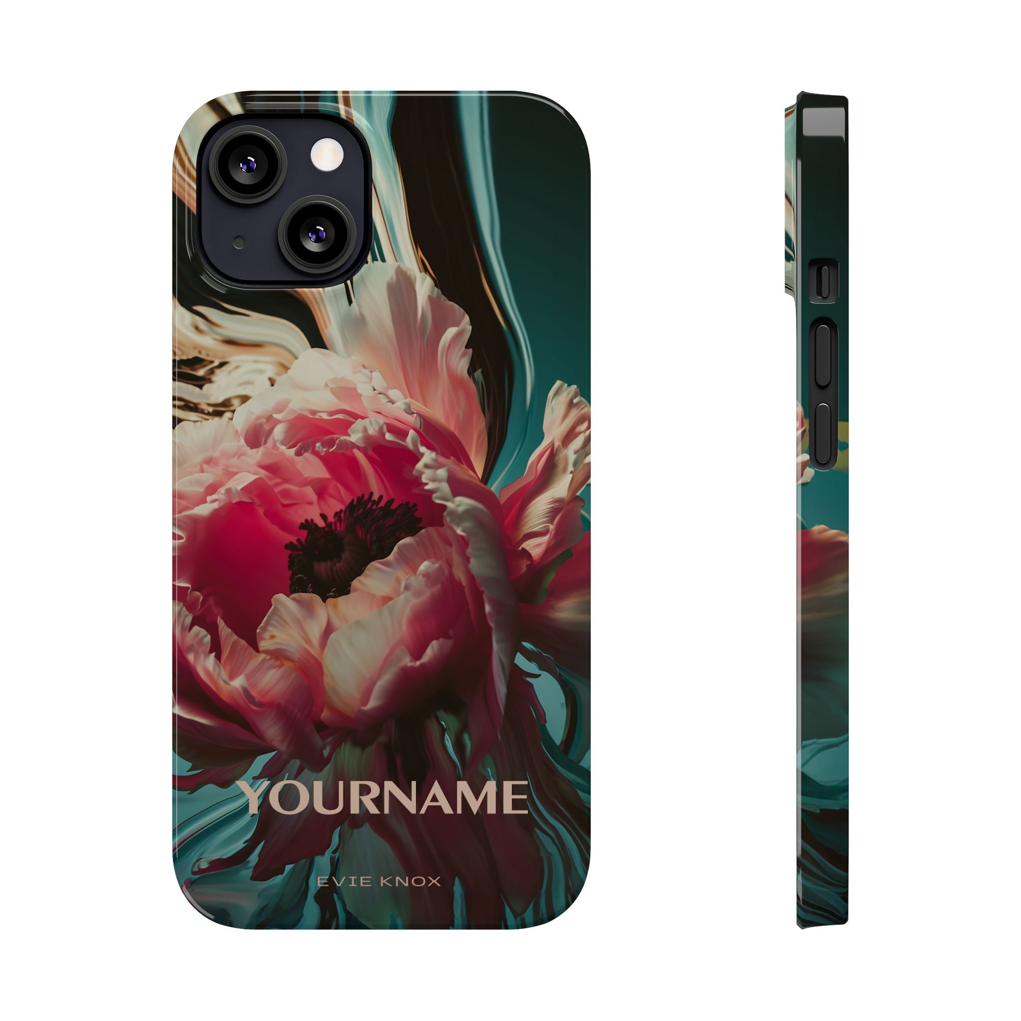 Floral Splash Slim Phone Case — Dark Teal & Pink Peony Design
