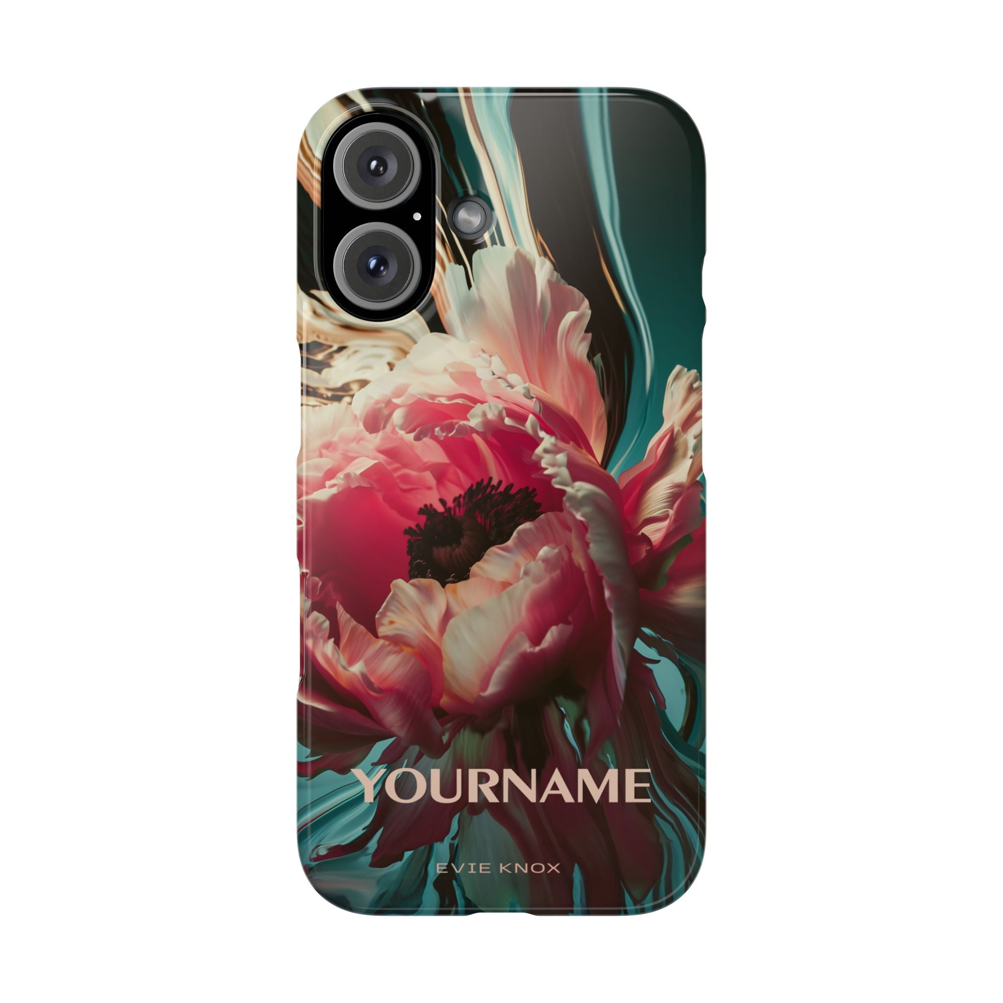 Floral Splash Slim Phone Case — Dark Teal & Pink Peony Design