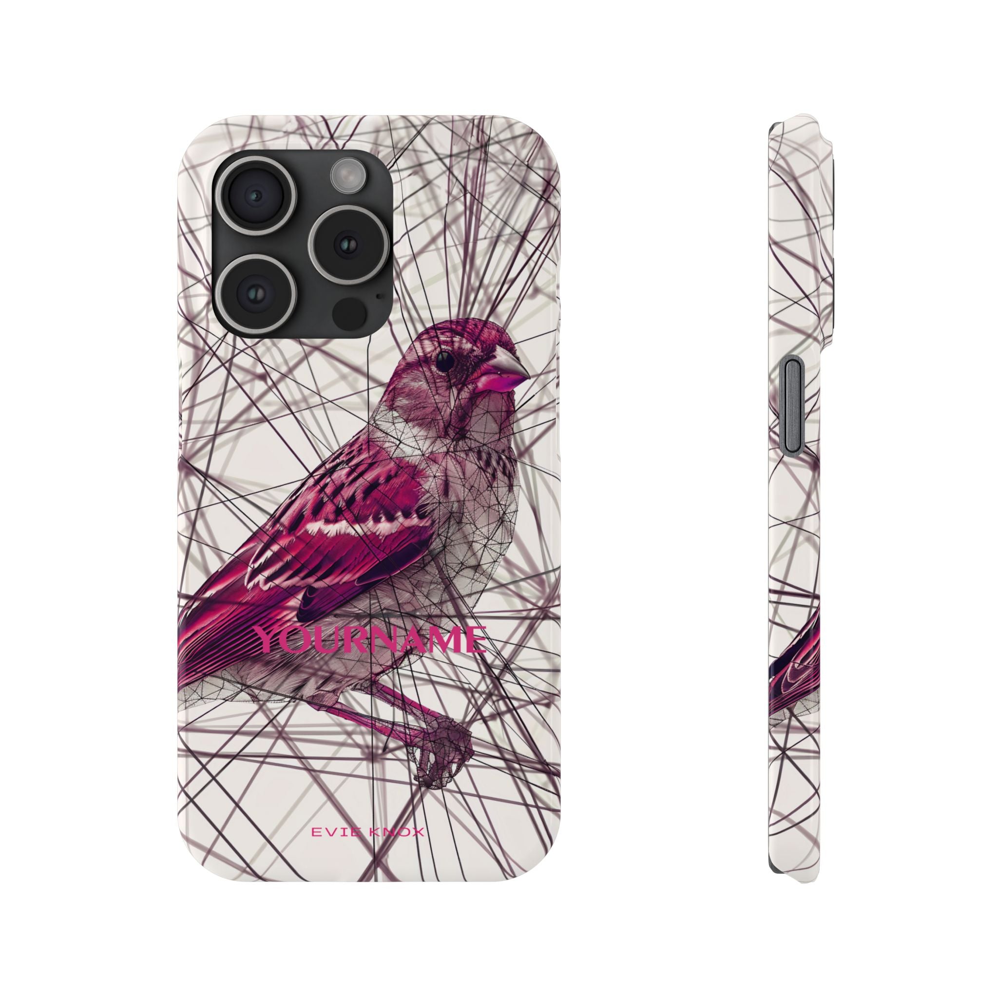 Pink Finch Bird Illustration on Abstract Line Background - Slim Phone Case
