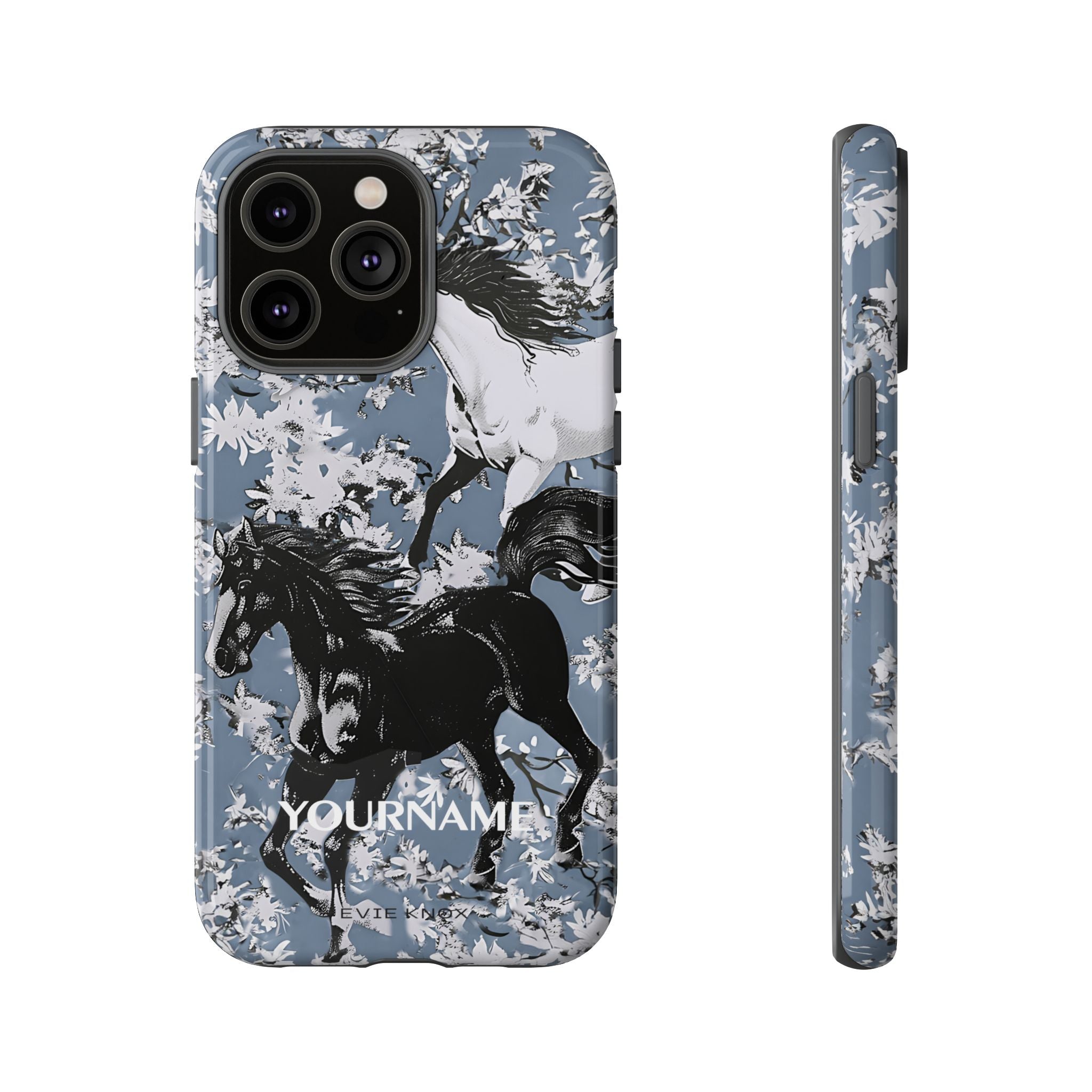 Horses on Dusty Blue Floral Pattern Tough Phone Case - Personalizable iPhone Case