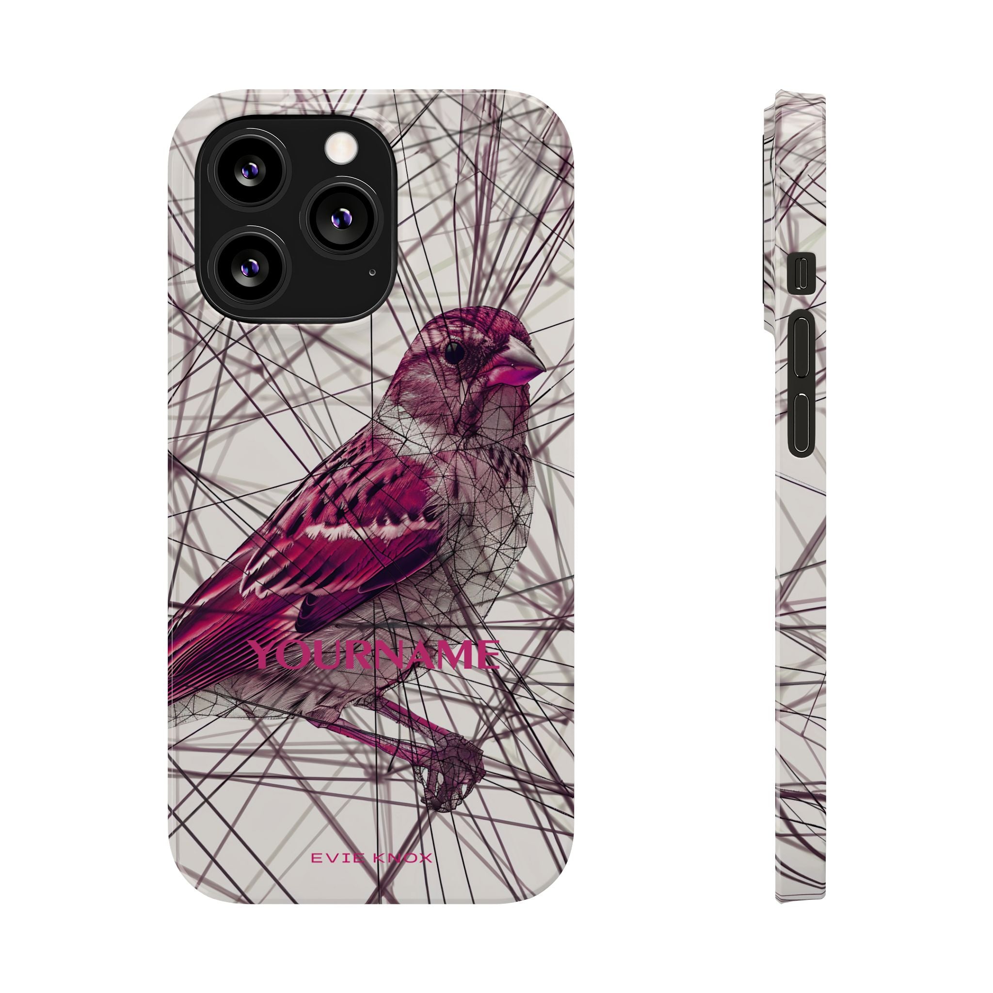 Pink Finch Bird Illustration on Abstract Line Background - Slim Phone Case