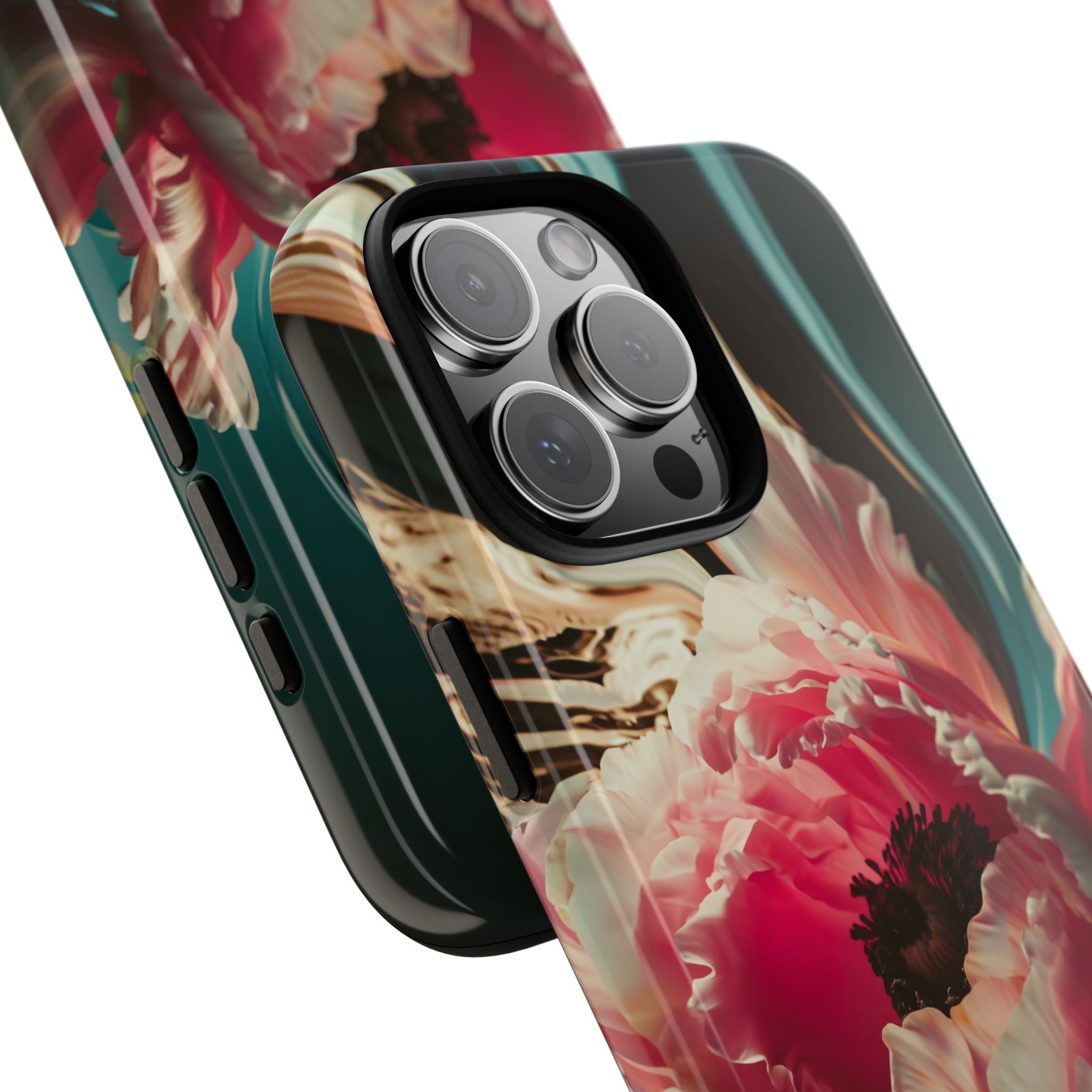 Floral Splash Tough Phone Case — Dark Teal & Pink Peony Design